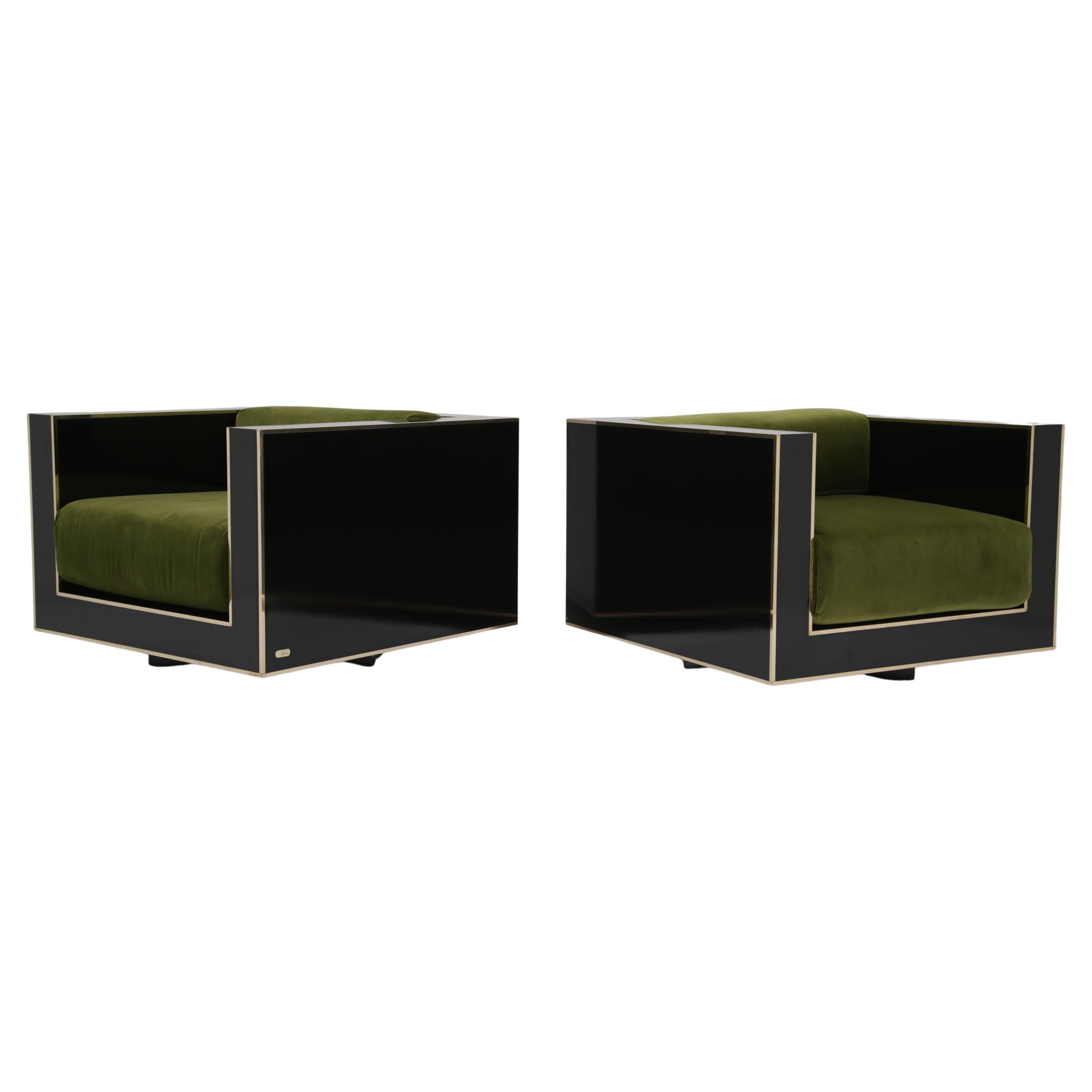 Mid-Century Modern Fauteuils Art Deco en laiton et Formica noir brillant Alberto Rocchi 1980 en vente