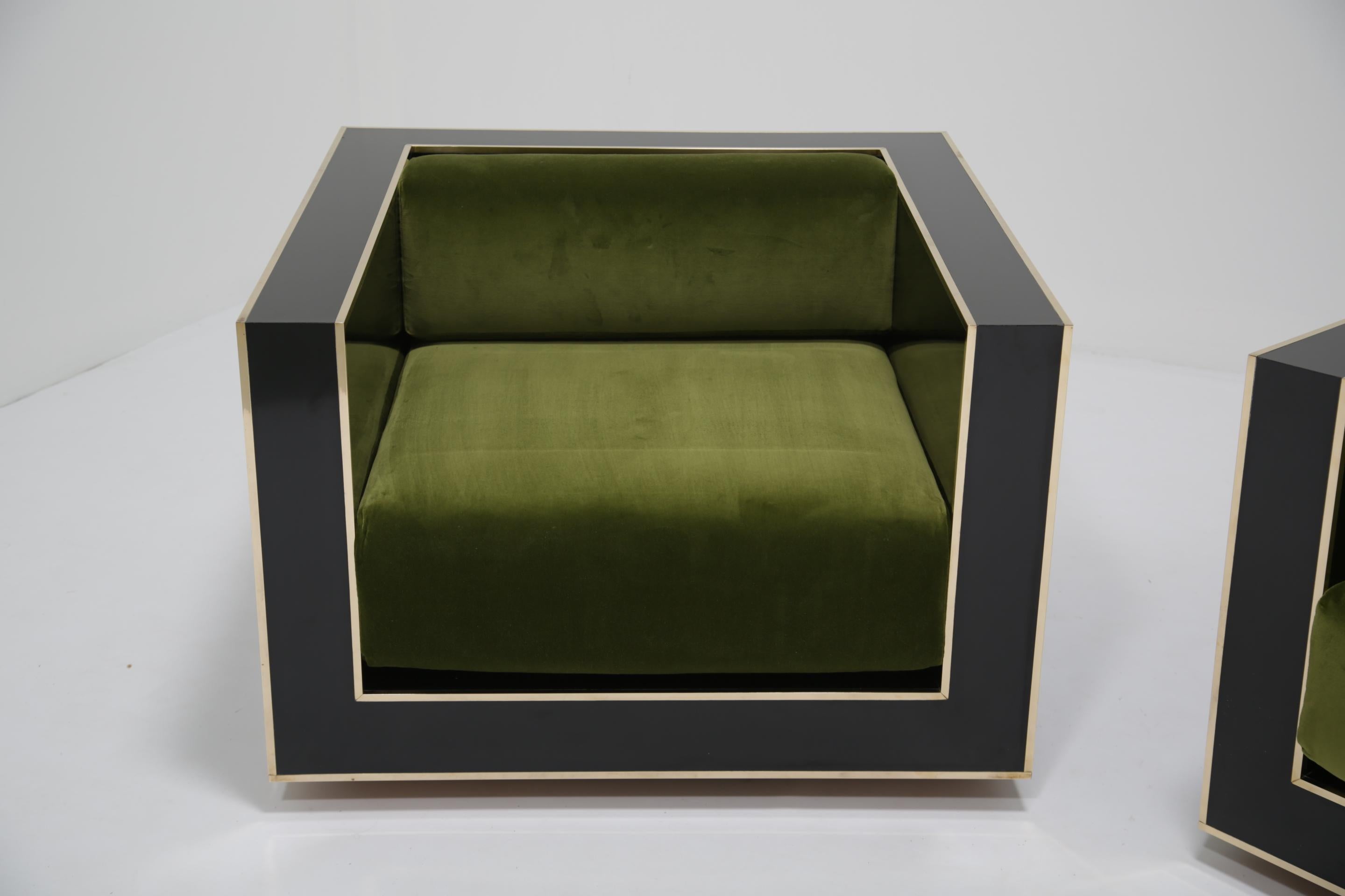 Fauteuils Art Deco en laiton et Formica noir brillant Alberto Rocchi 1980 en vente 1