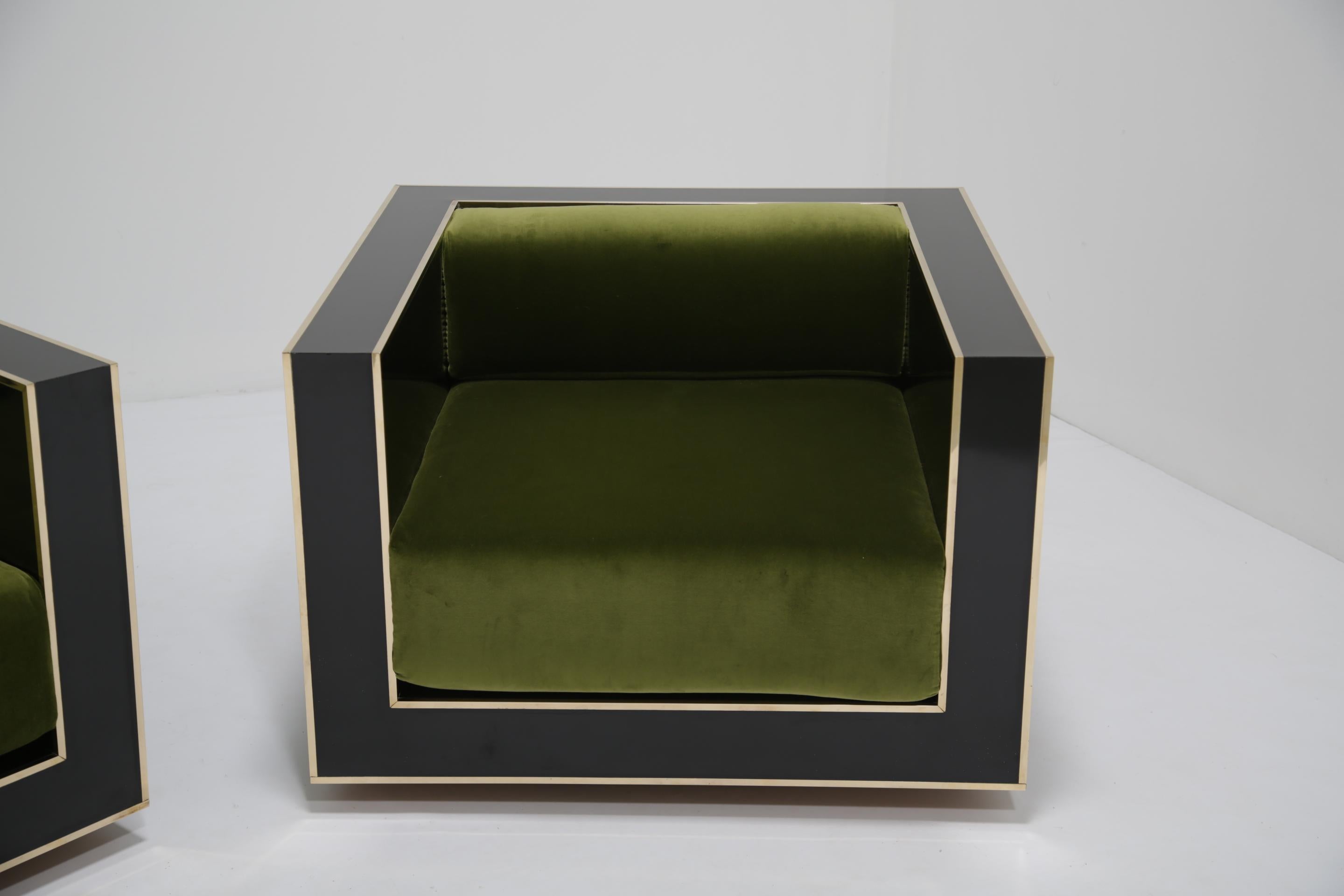 Fauteuils Art Deco en laiton et Formica noir brillant Alberto Rocchi 1980 en vente 2