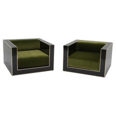 Alberto Rocchi Brass and High Gloss Black Formica Art Deco Style Armchairs 1980s