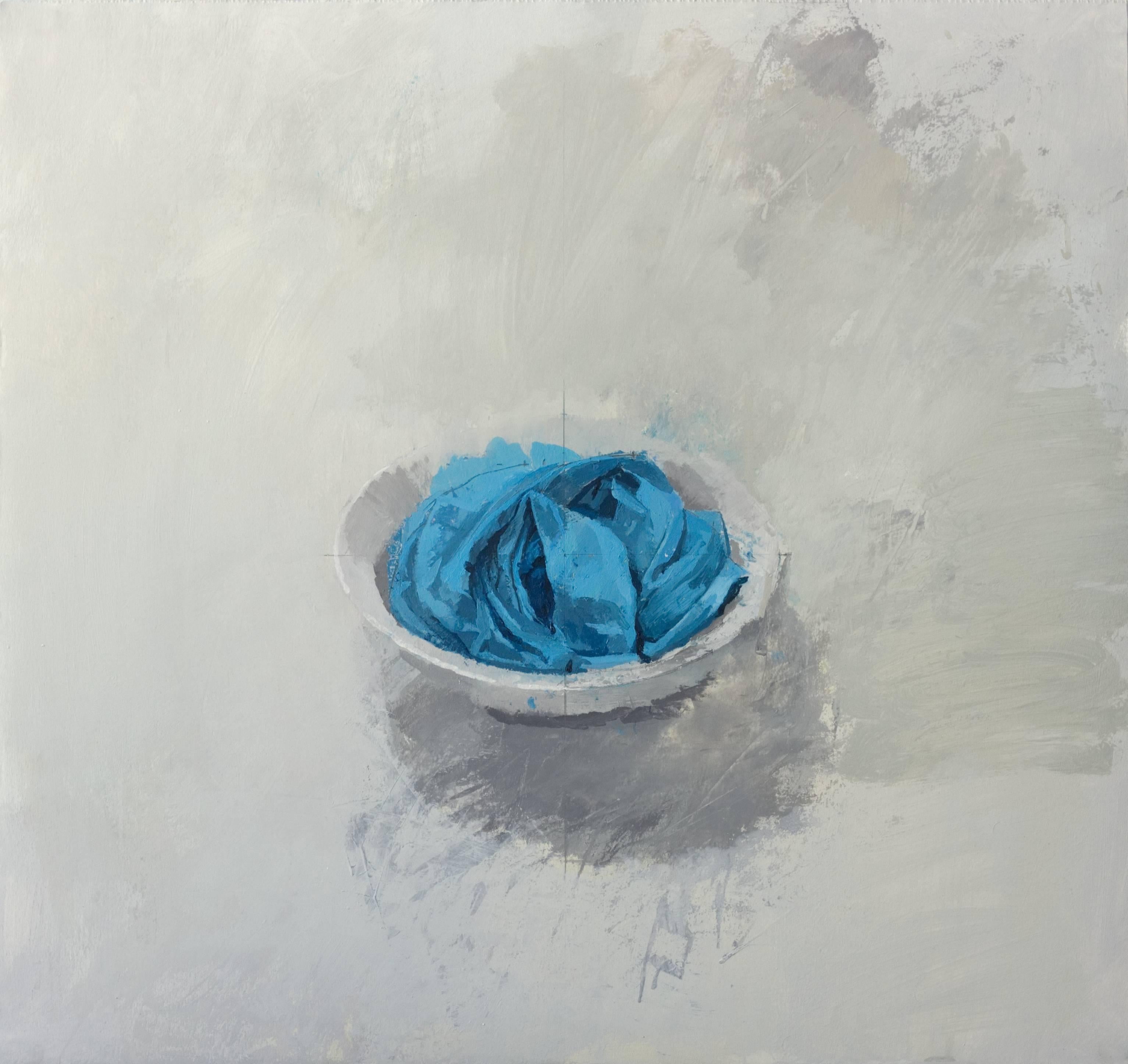 Alberto Romero Still-Life Painting -  Bowl with blue cloth - still life - 21st century Realism Oil on Paper