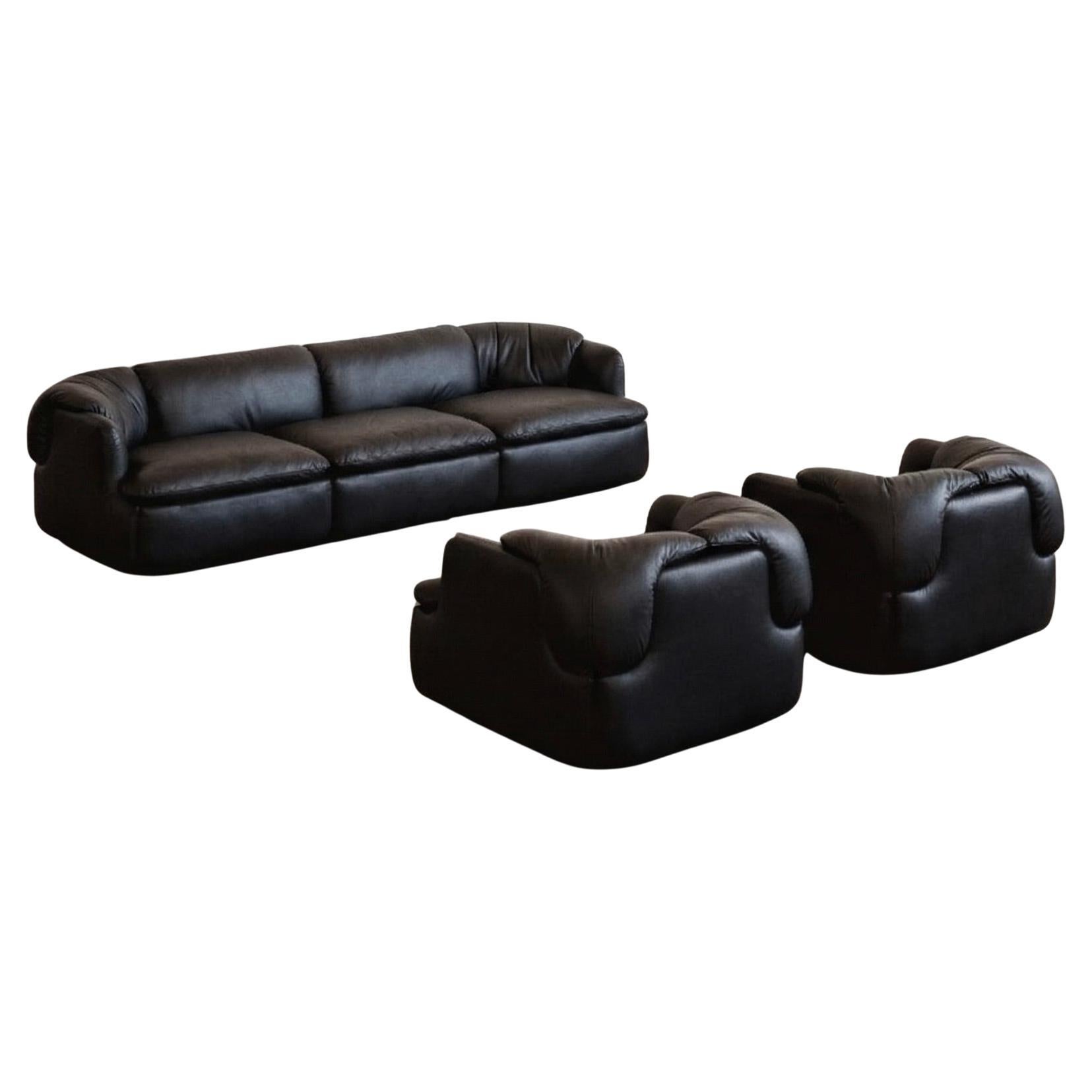 Alberto Rosselli “Confidential” for Saporiti, Black Leather, 1972, Set of 3