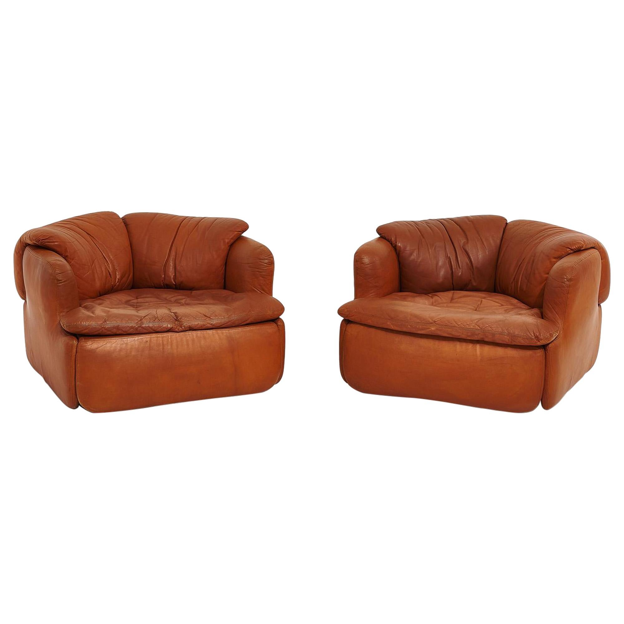 Alberto Rosselli for Saporiti Brown Leather “Confidential” Lounge Chairs