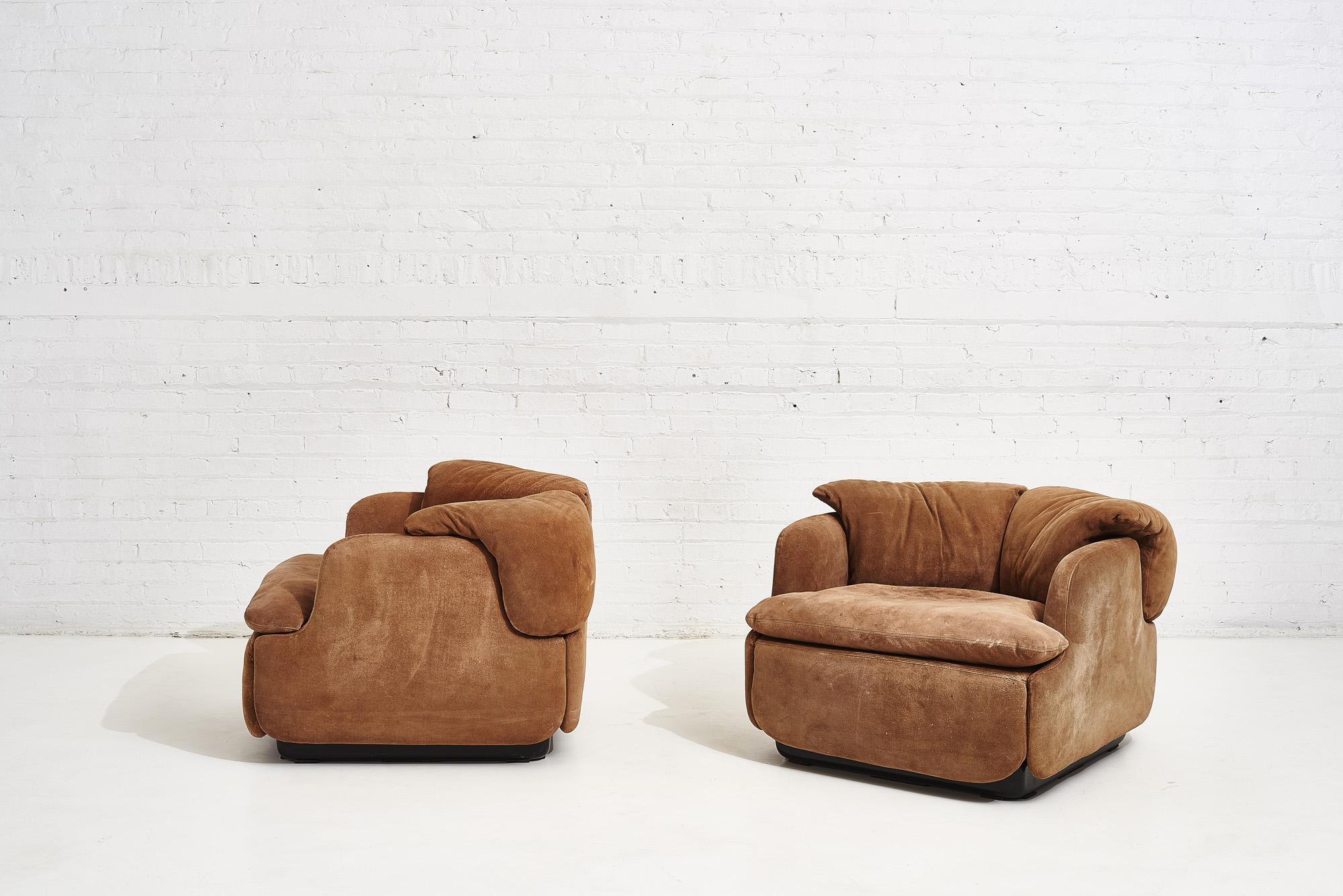 Italian Alberto Rosselli for Saporiti Brown Suede “Confidential” Lounge Chairs, 1972