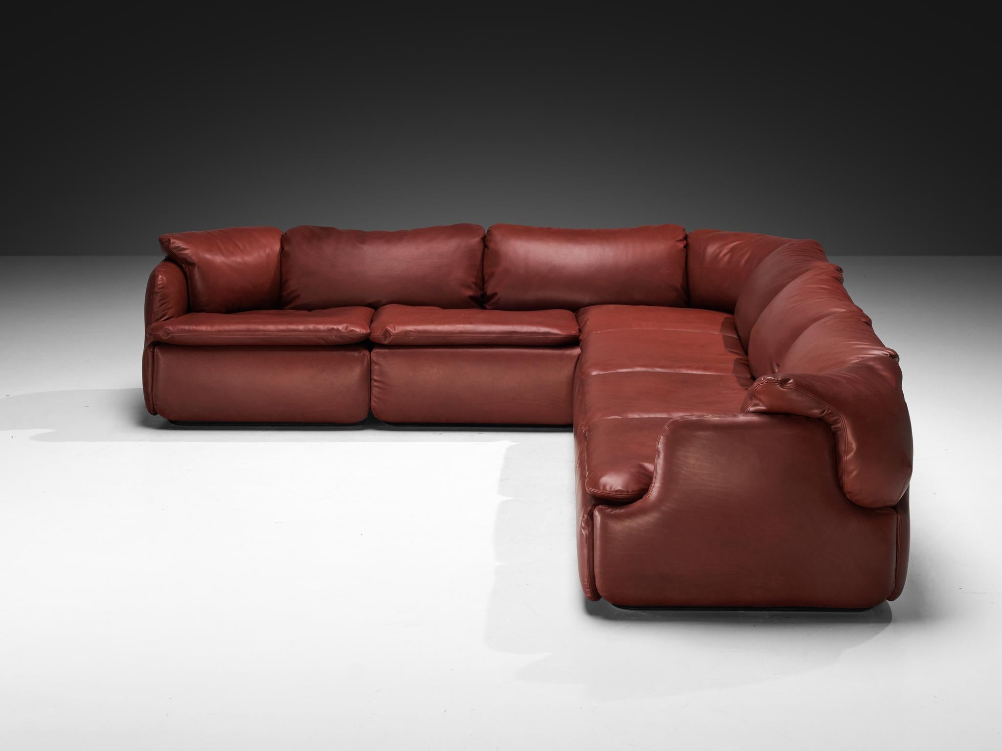 Cuir Alberto Rosselli pour Saporiti Confidential Corner Sofa rouge bourgogne en vente