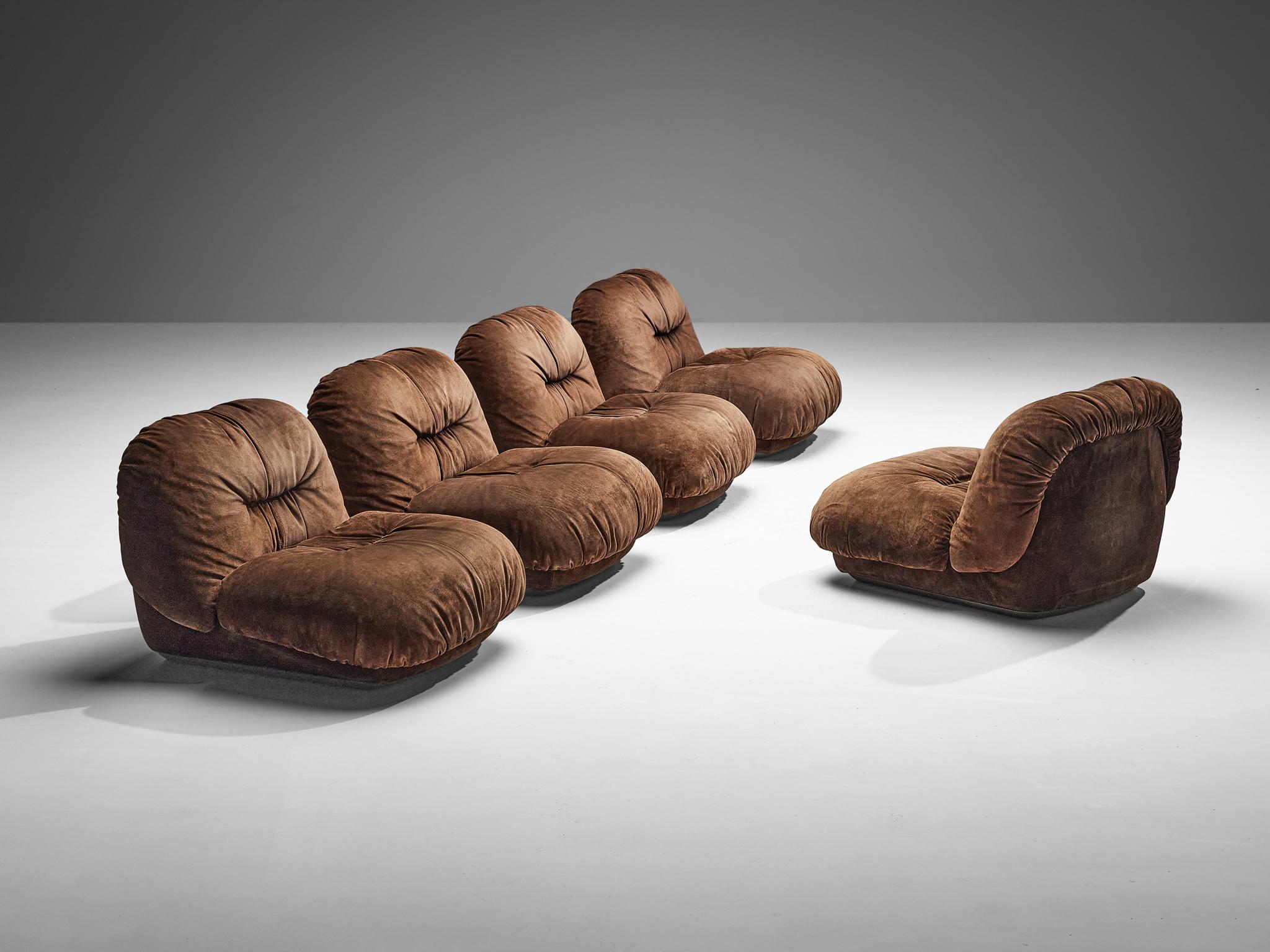 Alberto Rosselli for Saporiti 'Maxijumbo' Lounge Chairs in Brown Suede For Sale 4