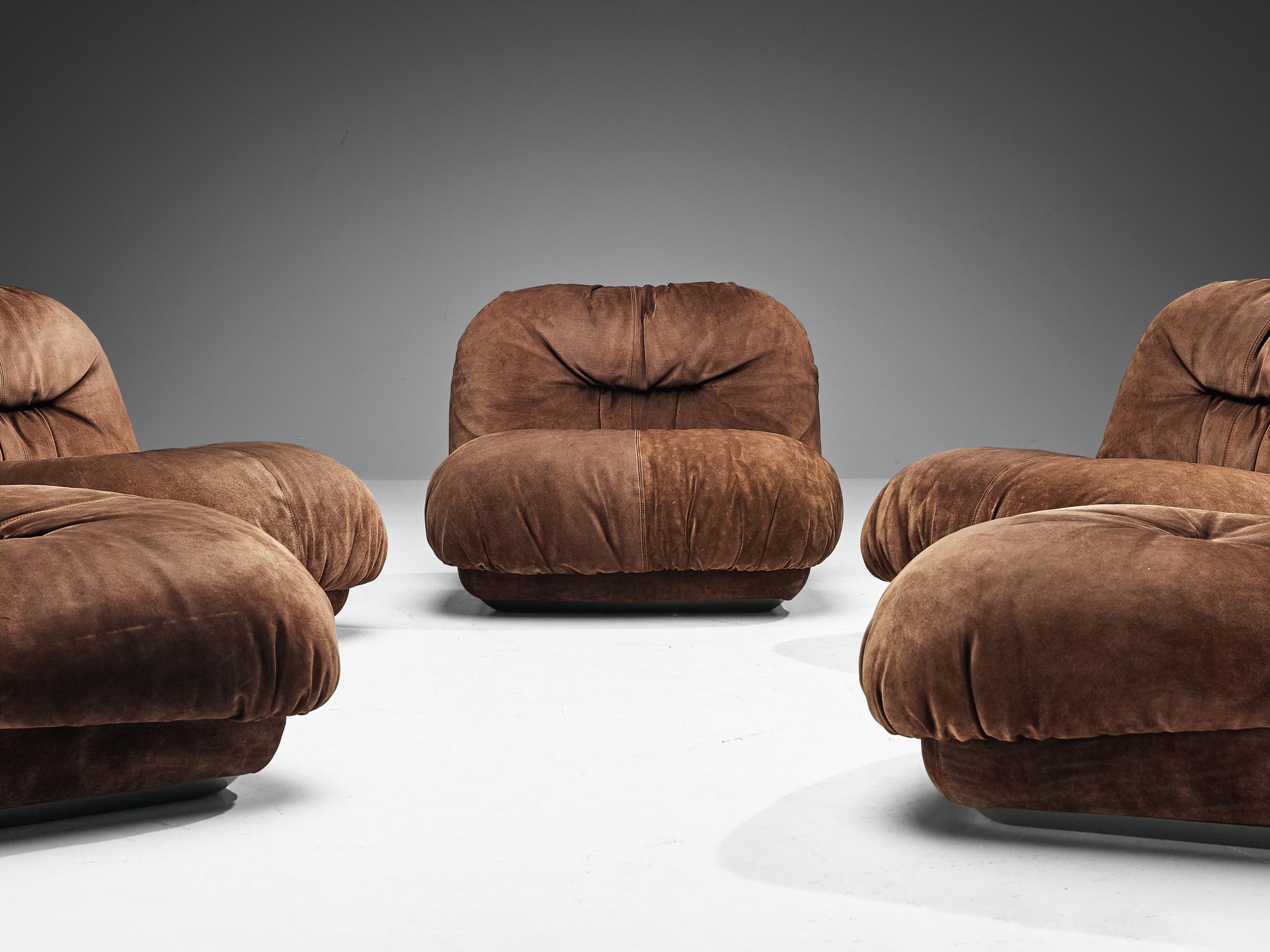 Post-Modern Alberto Rosselli for Saporiti 'Maxijumbo' Lounge Chairs in Brown Suede For Sale