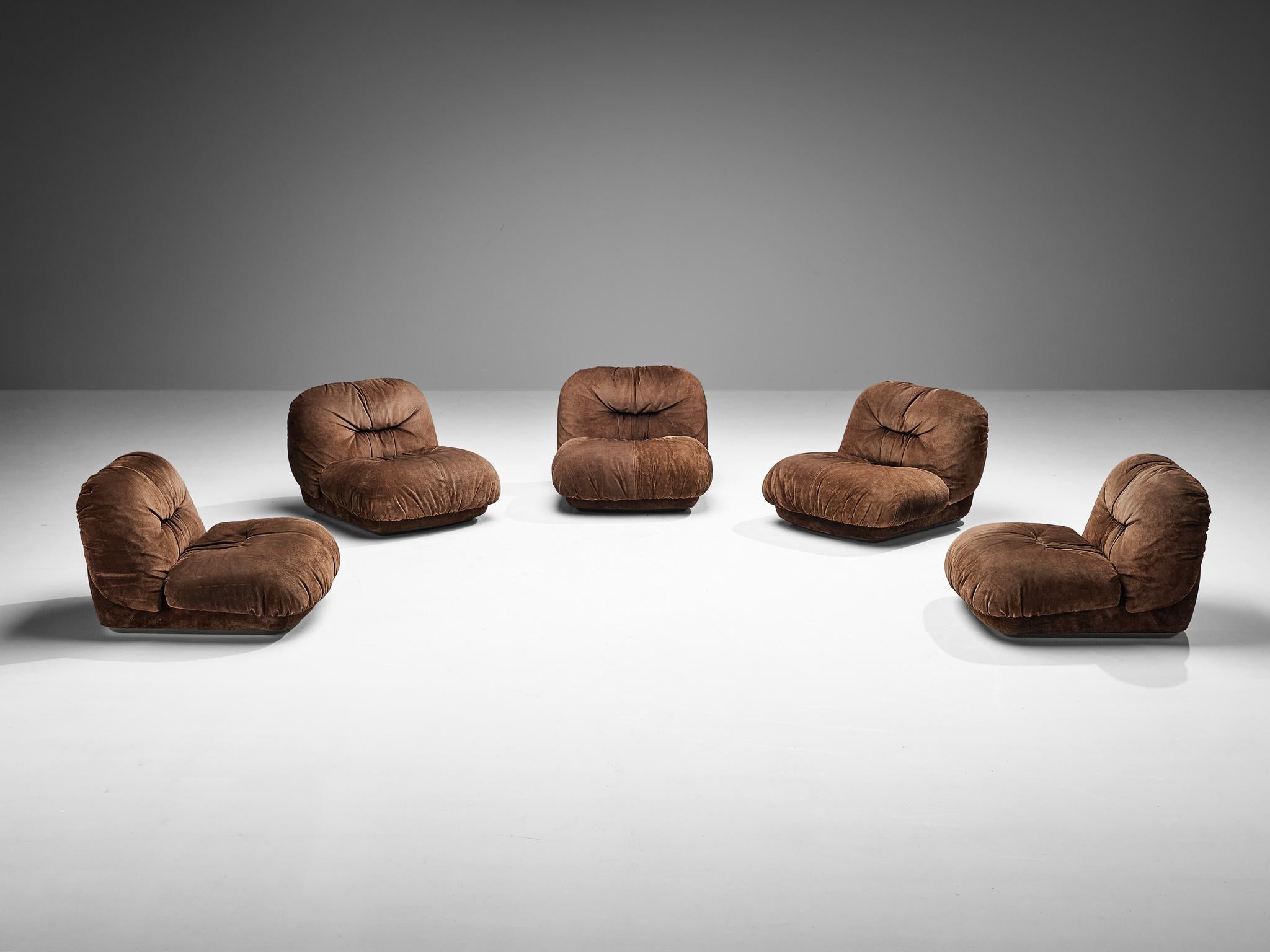 Alberto Rosselli for Saporiti 'Maxijumbo' Lounge Chairs in Brown Suede In Good Condition For Sale In Waalwijk, NL