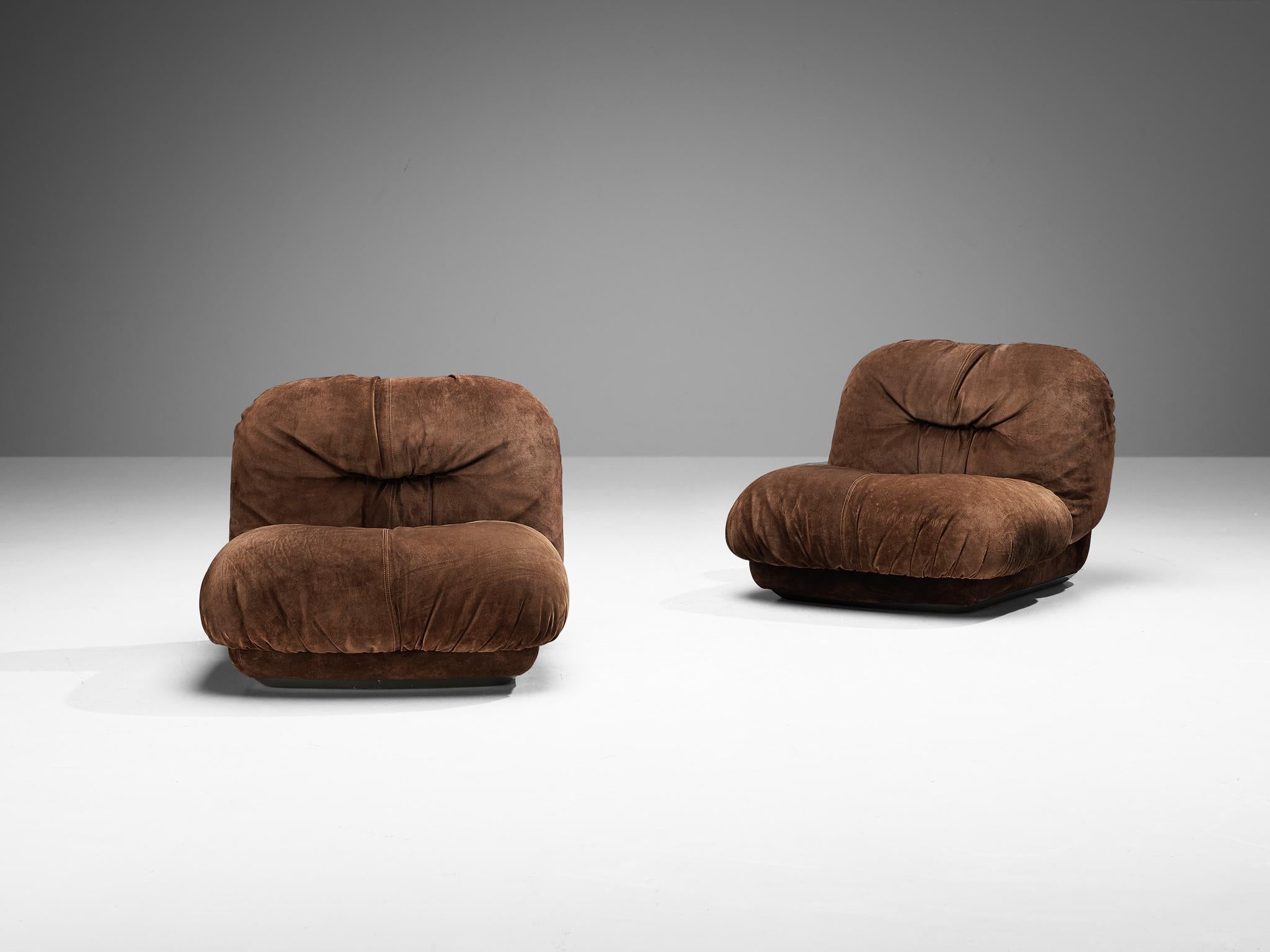 Late 20th Century Alberto Rosselli for Saporiti 'Maxijumbo' Lounge Chairs in Brown Suede For Sale