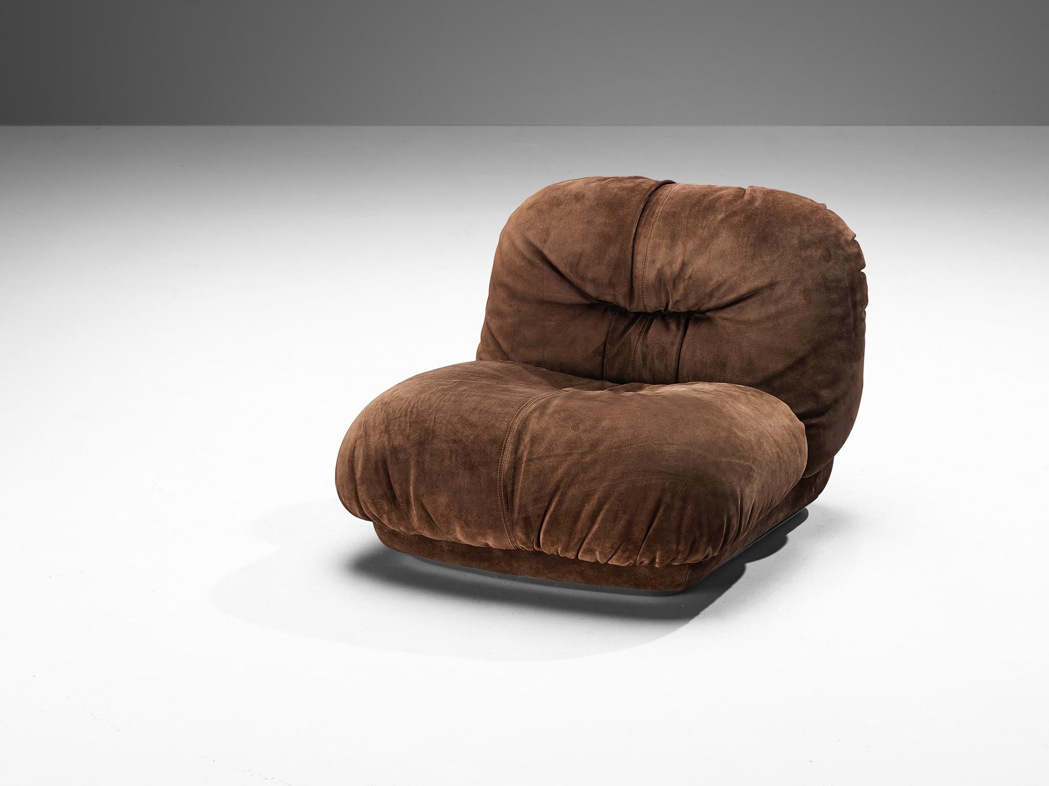 Alberto Rosselli for Saporiti 'Maxijumbo' Lounge Chairs in Brown Suede For Sale 1