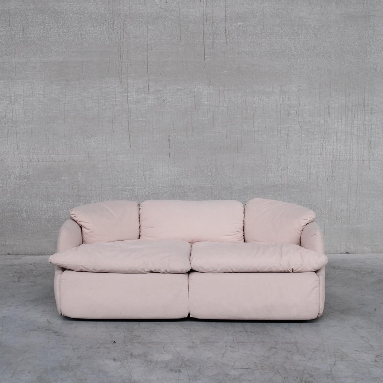 A two seater sofa, by Alberto Rosselli for Saporiti. 

The confidential model. 

Italy, c1972.

Origininal off white fabric upholstery has been cleaned and retained, it remains in very good condition. 

We have a matching three seater