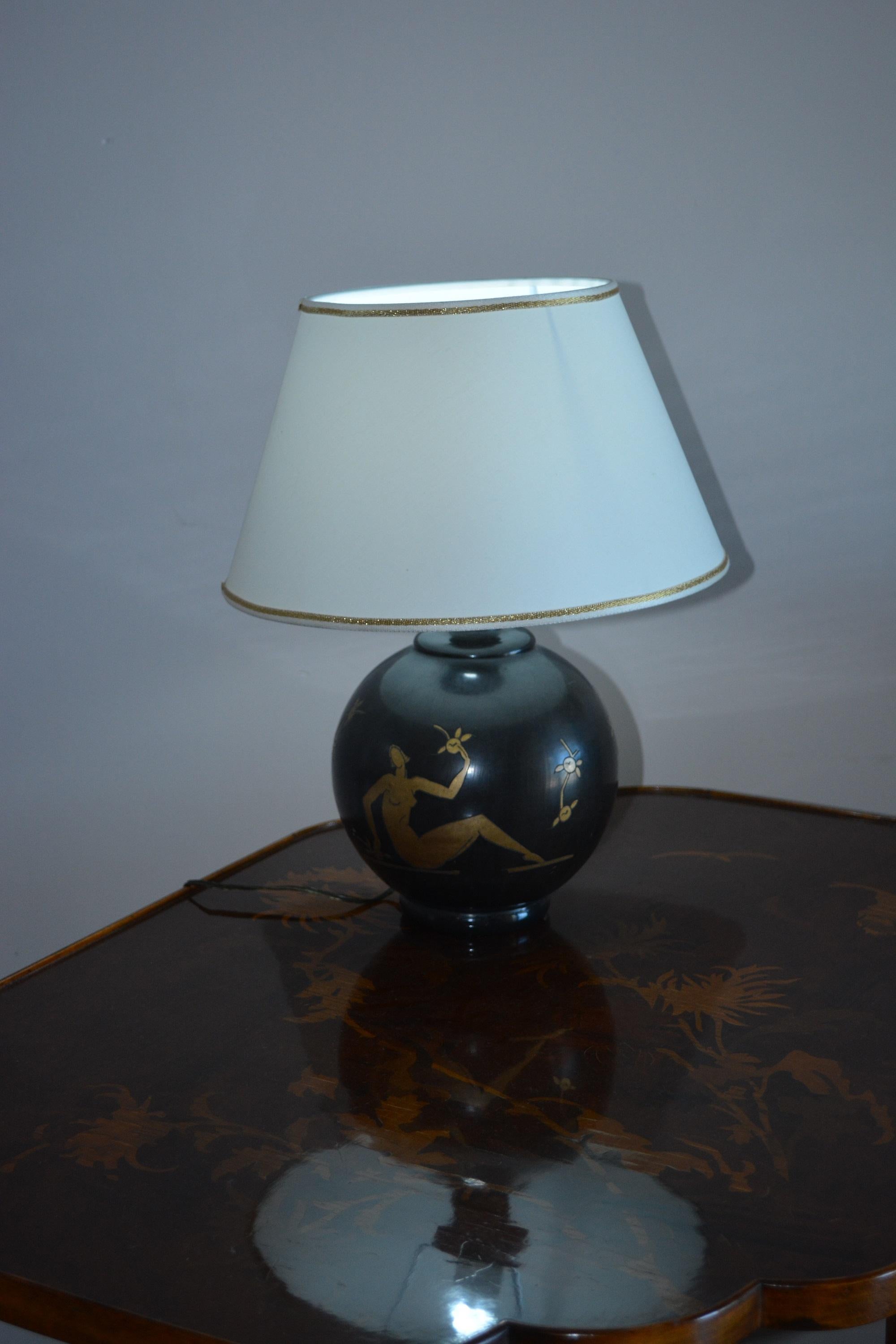 Italienische vergoldete schwarze Keramiklampe von Alberto Rossi im späten Art déco-Stil im Angebot 3