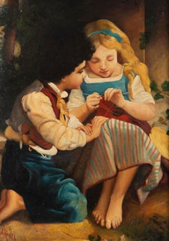 Alberto Rossi (1858-1936) - Olio dei primi del Novecento, Lezioni di maglia