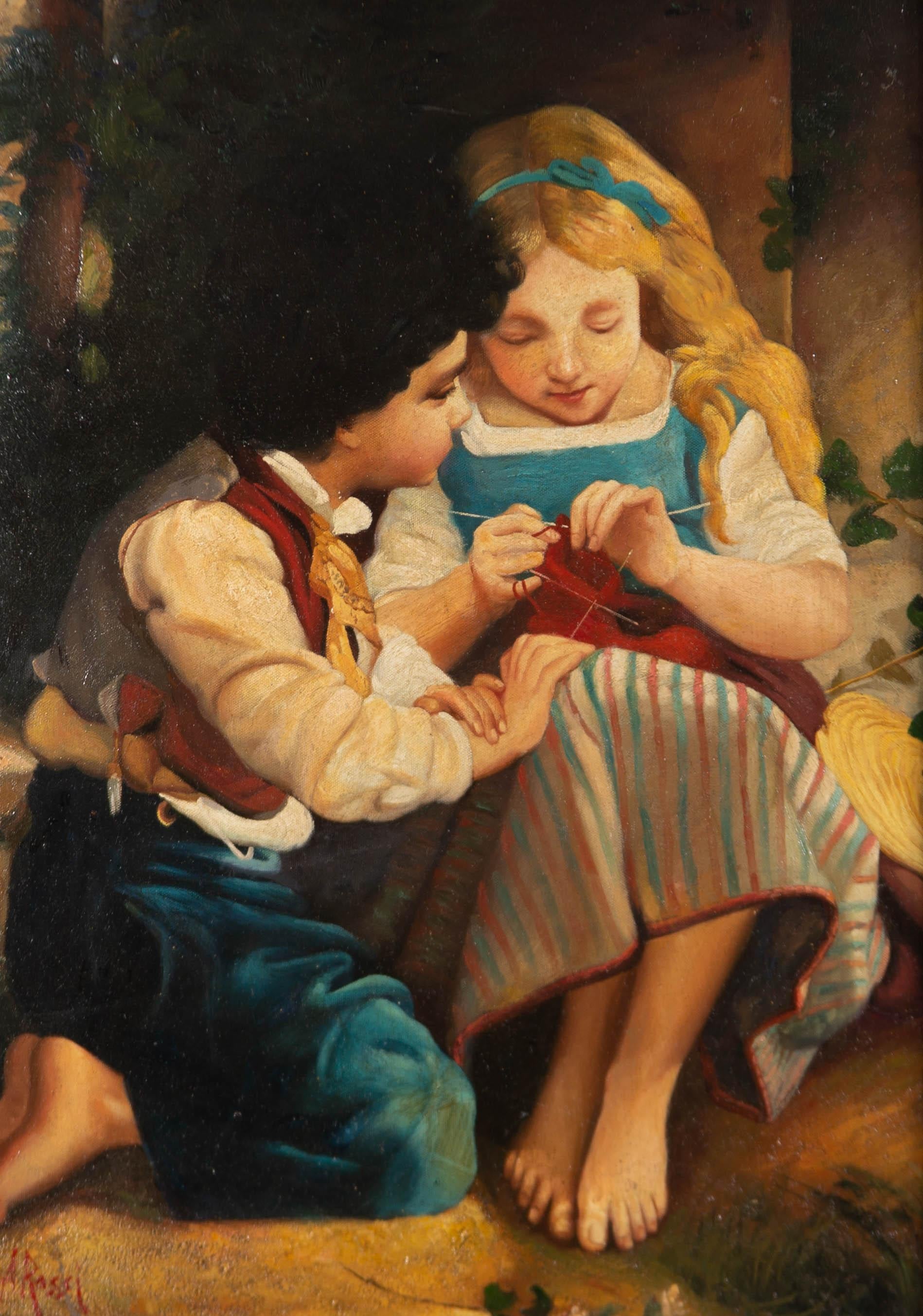 Alberto Rossi (1858-1936) - Olio dei primi del Novecento, Lezioni di maglia in vendita 1