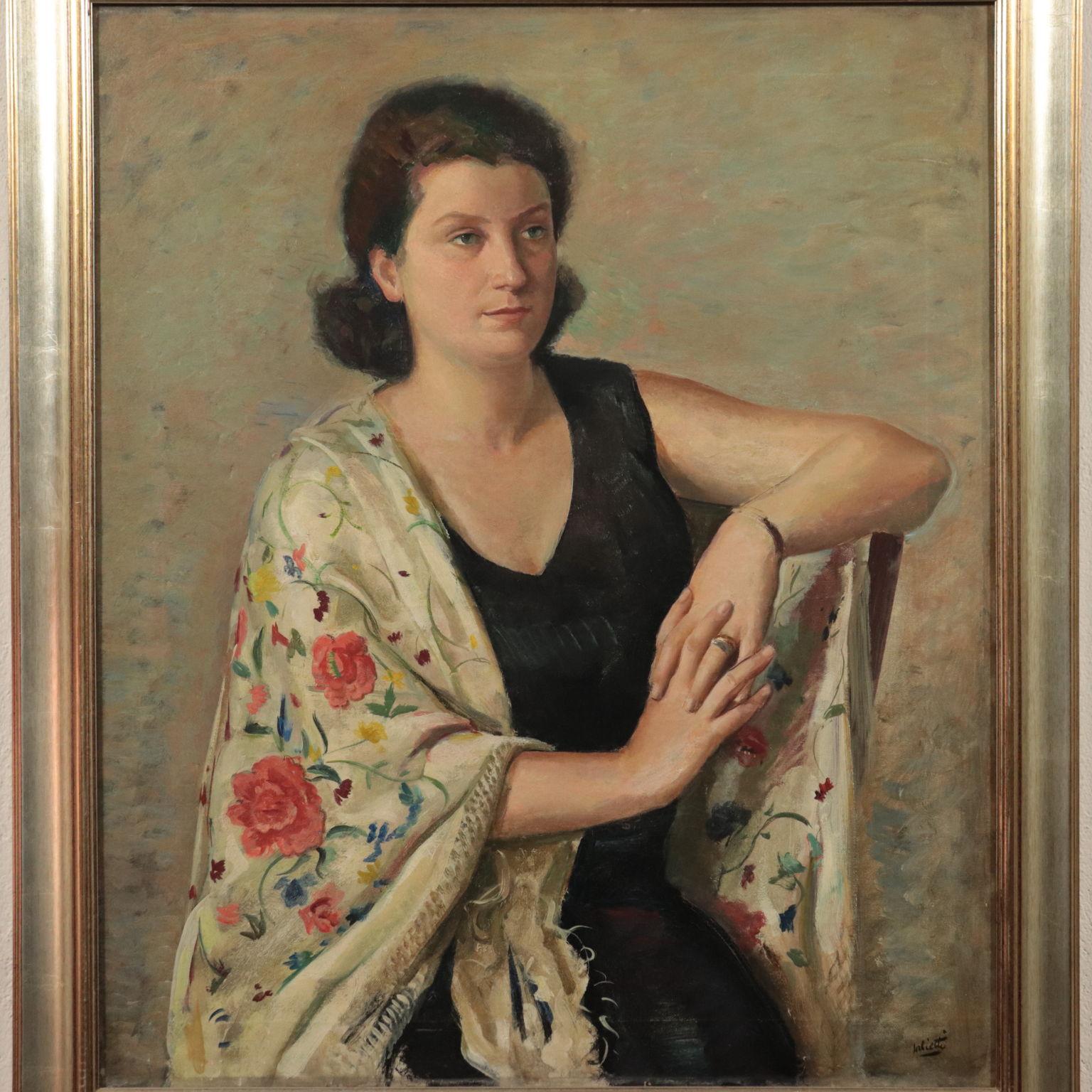 Alberto Salietti Oil On Canvas 1940s 1950s, Female Portrait 1