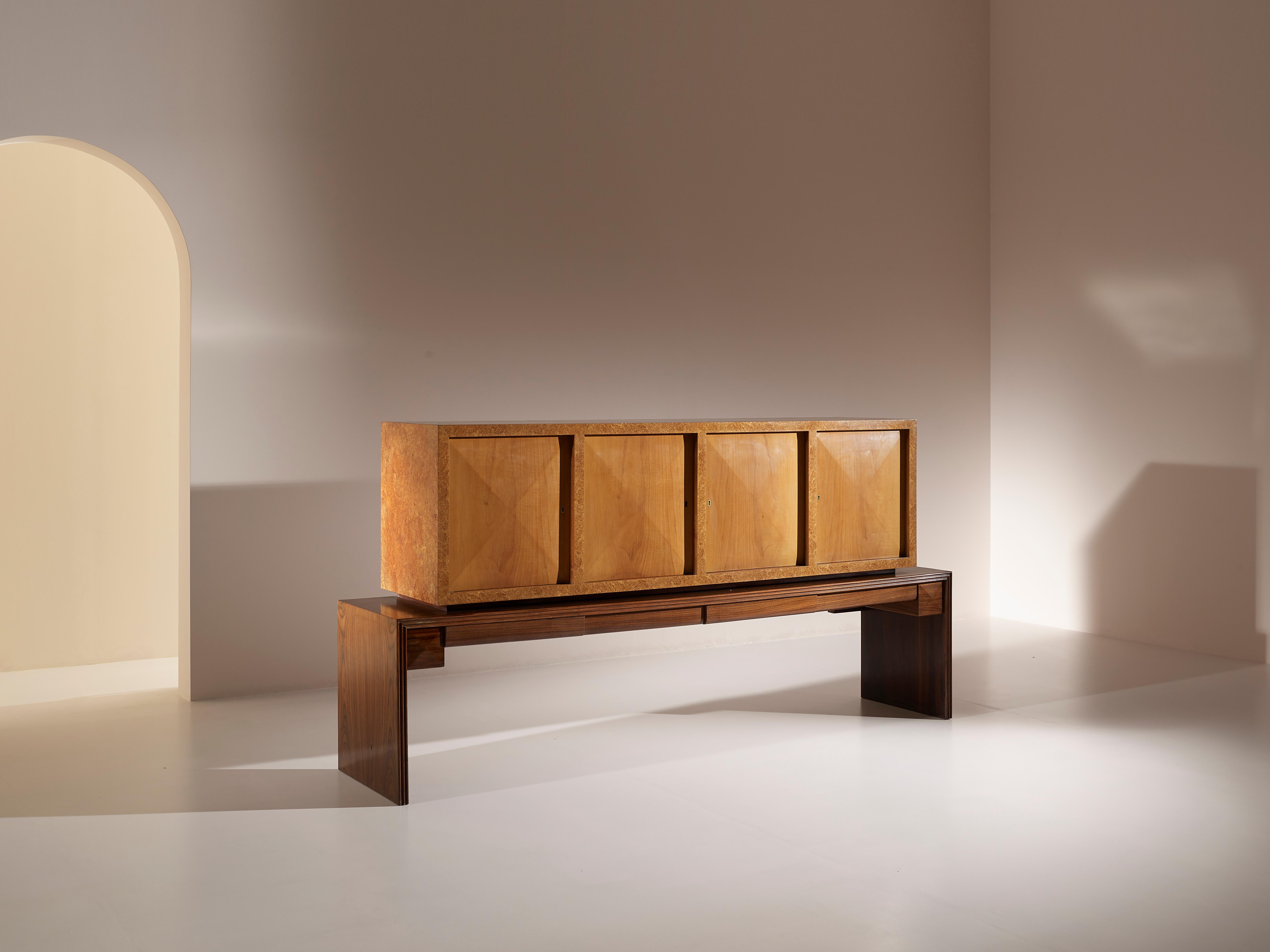 An eclectic but classic sideboard cabinet designed in the 1960s by Alberto Salvati and Ambrogio Tresoldi and produced in Lissone (Milan) for a private commission. This unique credenza is part of an entire dining room set comprehensive of a cupboard