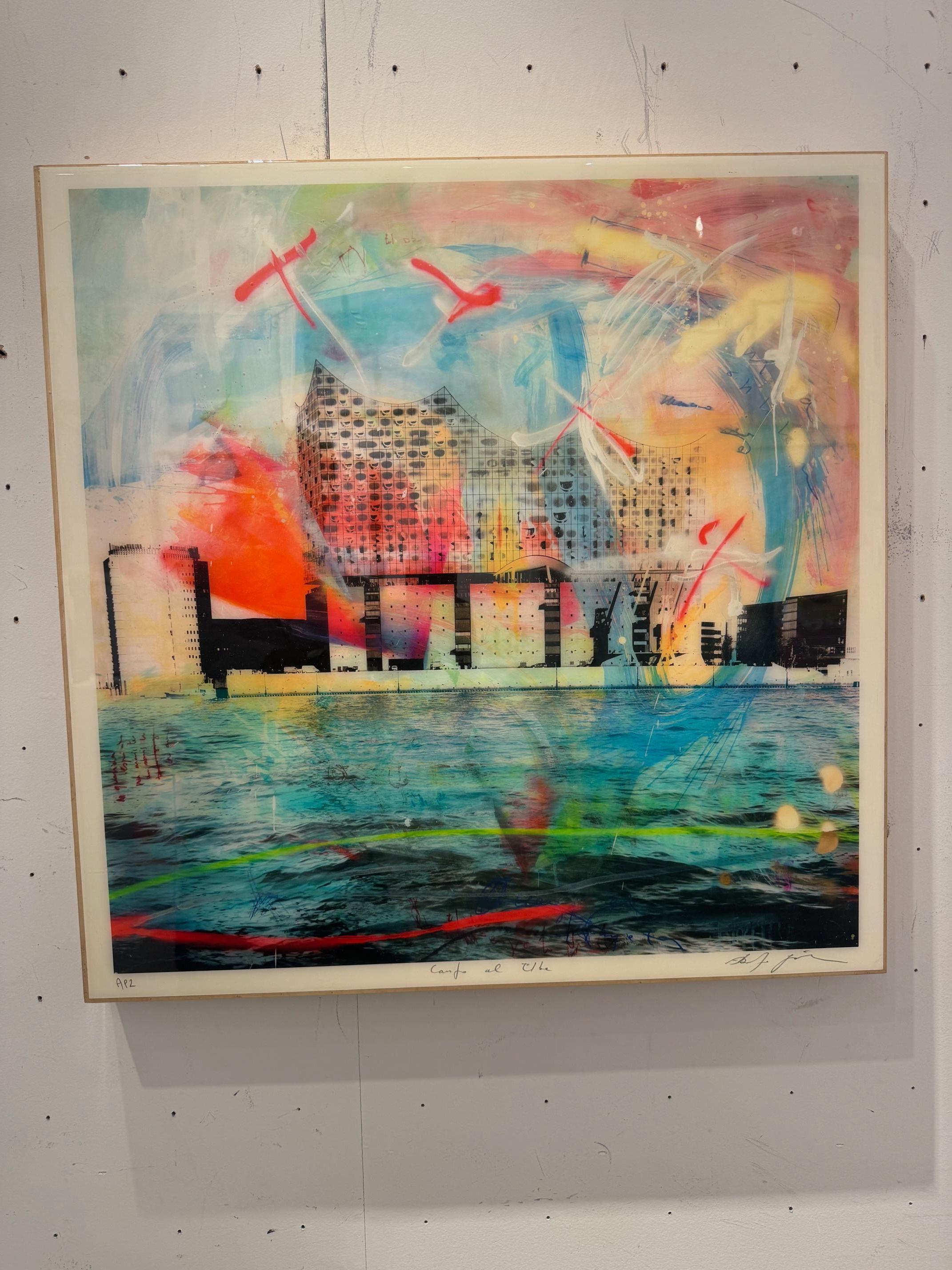 Canto Al Elba - contemporary mixed media art work of Alberto Sanchez urban water For Sale 1