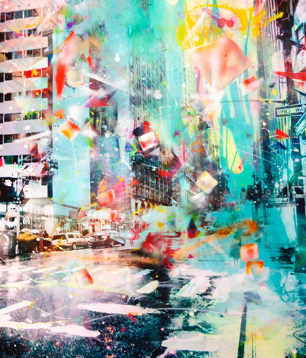 Double Tree - colorful handpainted photography, New York scene, contemporary - Mixed Media Art by Alberto Sanchez