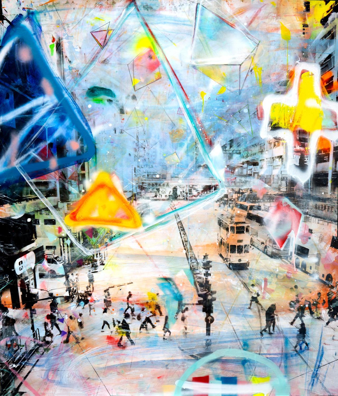 Alberto Sanchez Abstract Photograph - Paradox, Hand-painted photography, bold colorful abstract New York urban scene