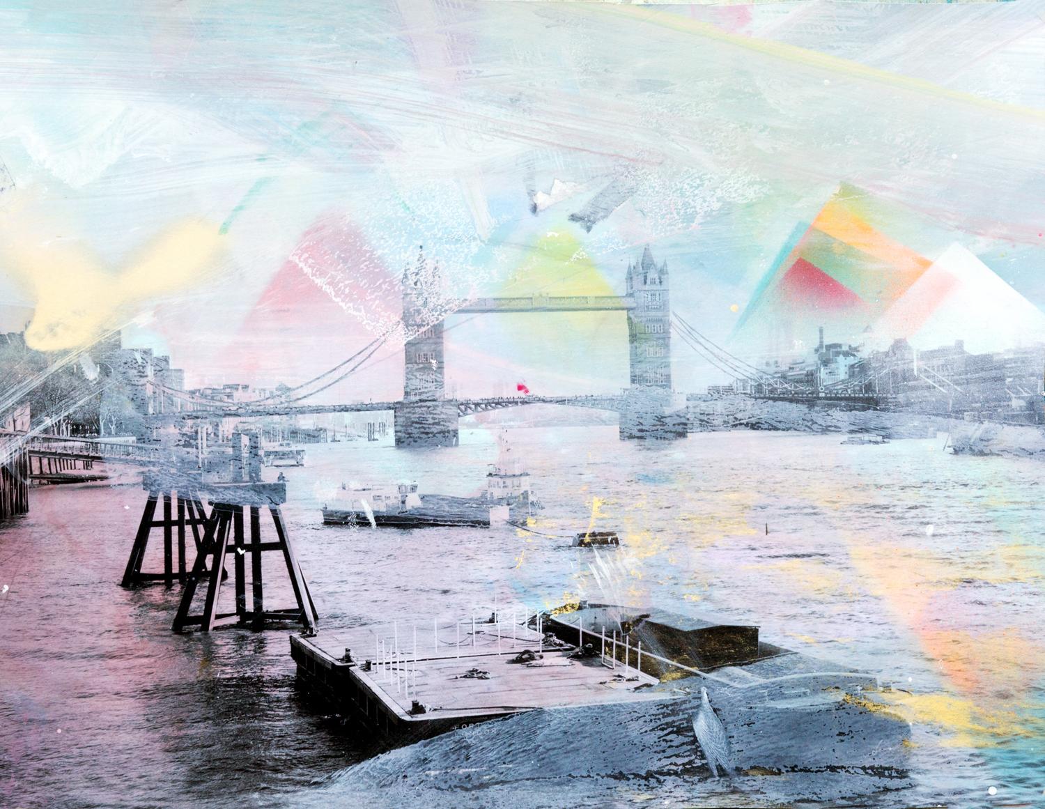 Unforgotten Series #5 - Handpainted photography, colorful abstract Tower Bridge