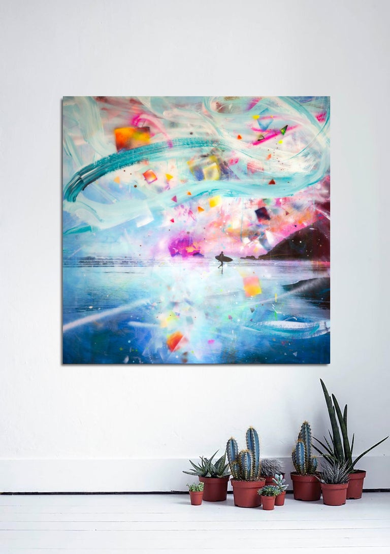 Autumn Song, hand painted photograph with resin, surfer and beach scene - Photograph by Alberto Sanchez