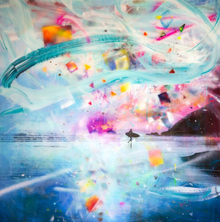 Alberto Sanchez Landscape Photograph - Autumn Song, hand painted photograph with resin, surfer and beach scene