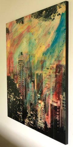 Fervore, fotografia contemporanea dipinta a mano con resina, scena urbana di Hong Kong