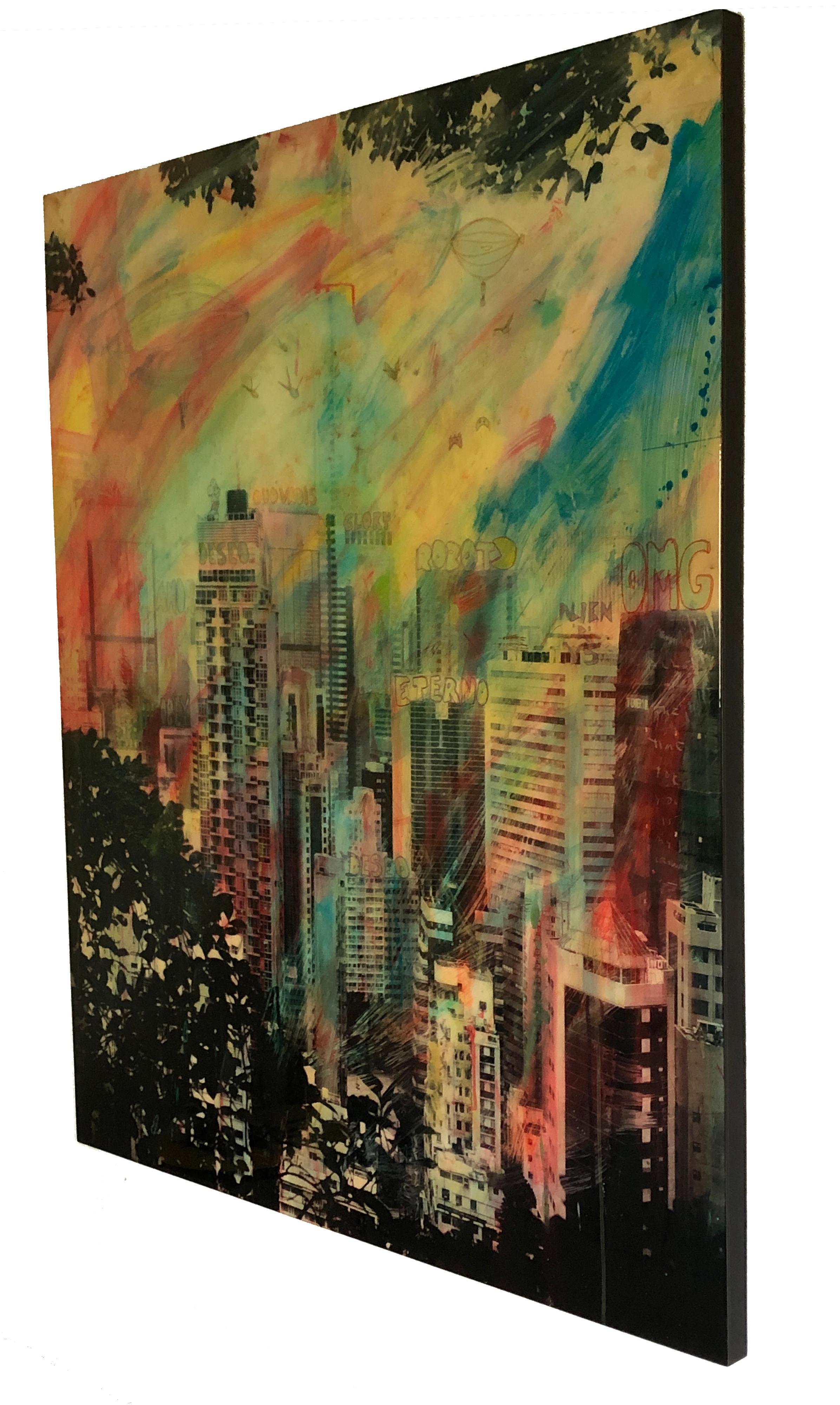 Fervor, fotografía contemporánea pintada a mano con resina, escena urbana de Hong Kong - Color Photograph Púrpura de Alberto Sanchez
