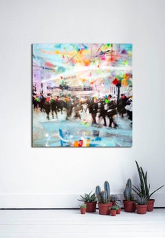 Intergalactica - contemporary hand-painted photo w resin, colorful city scene