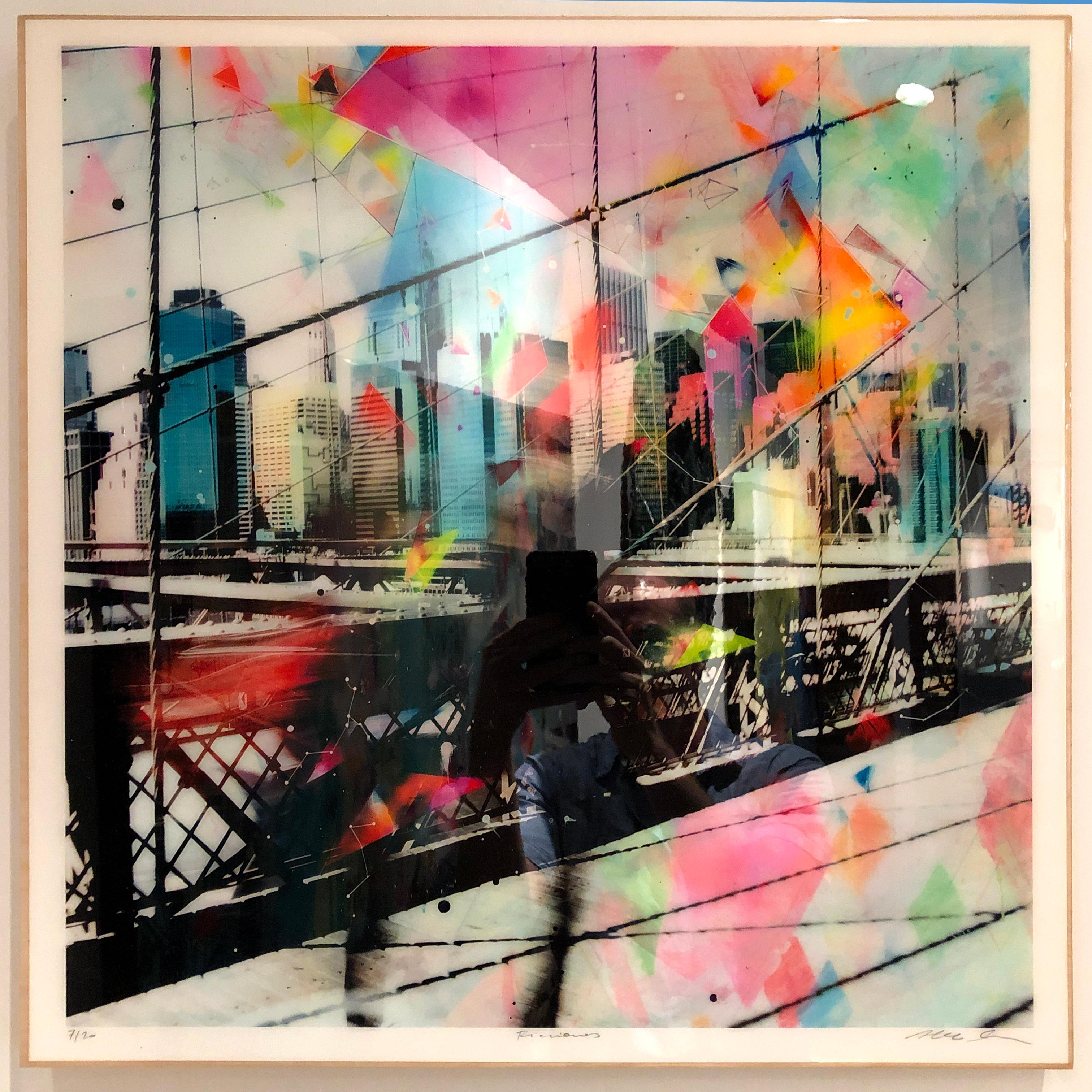 Ficciones - colorful handpainted photography, New York scene, contemporary - Gray Landscape Print by Alberto Sanchez