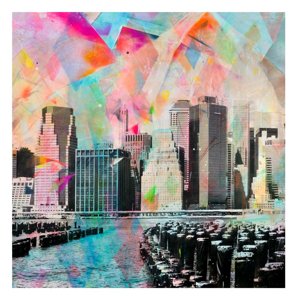 Alberto Sanchez Abstract Photograph - Junto al Muelle - colorful handpainted photography, New York scene, contemporary