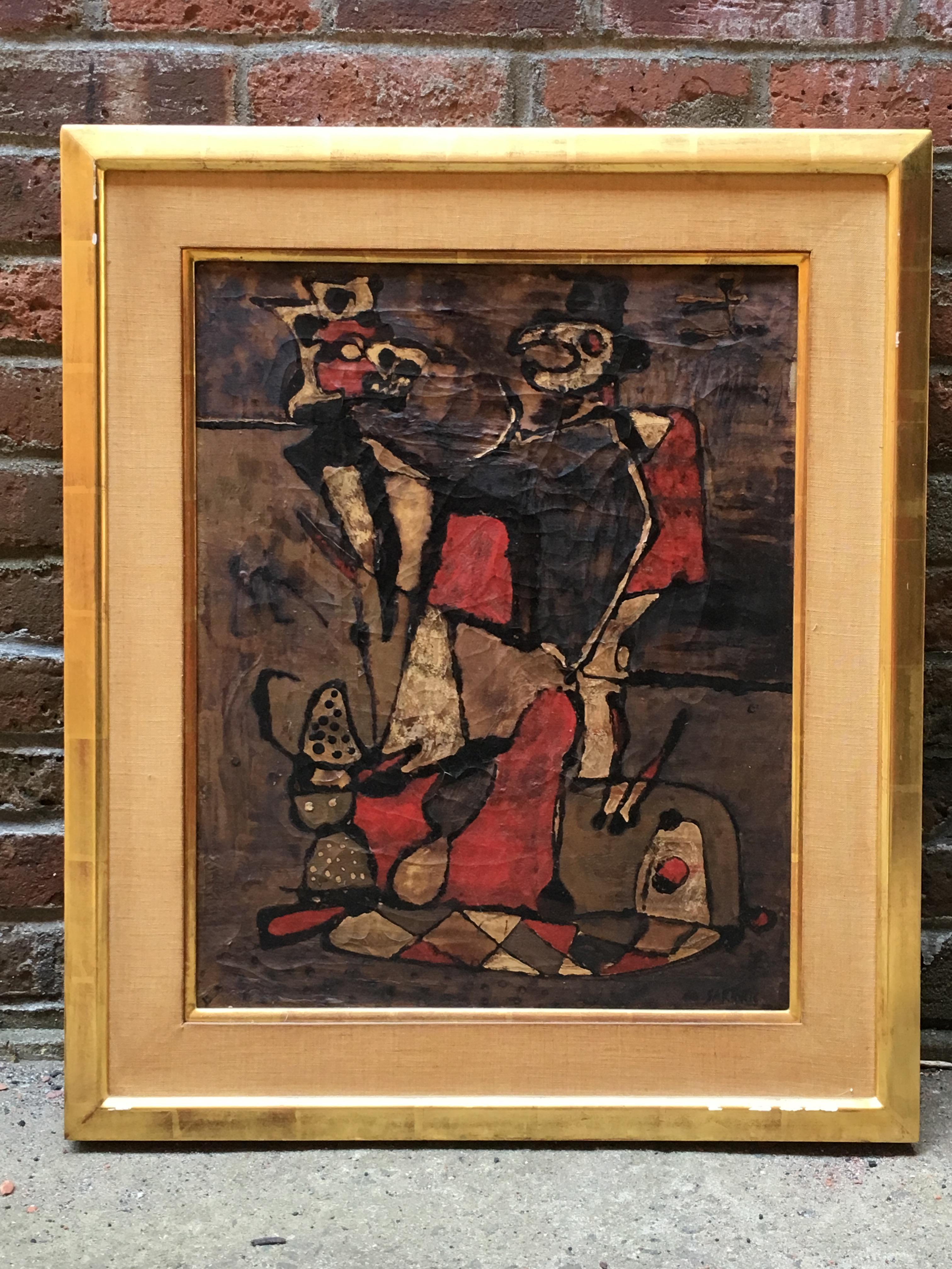 Signed Sartoris lower right. Alberto Sartoris, Italy (1901-?). Oil paint and mixed media on canvas. Circa 1950. Sartoris has rendered two grotesque figures that appear to be in harlequin costumes. A tumultuous subject matter.

Overall dimensions