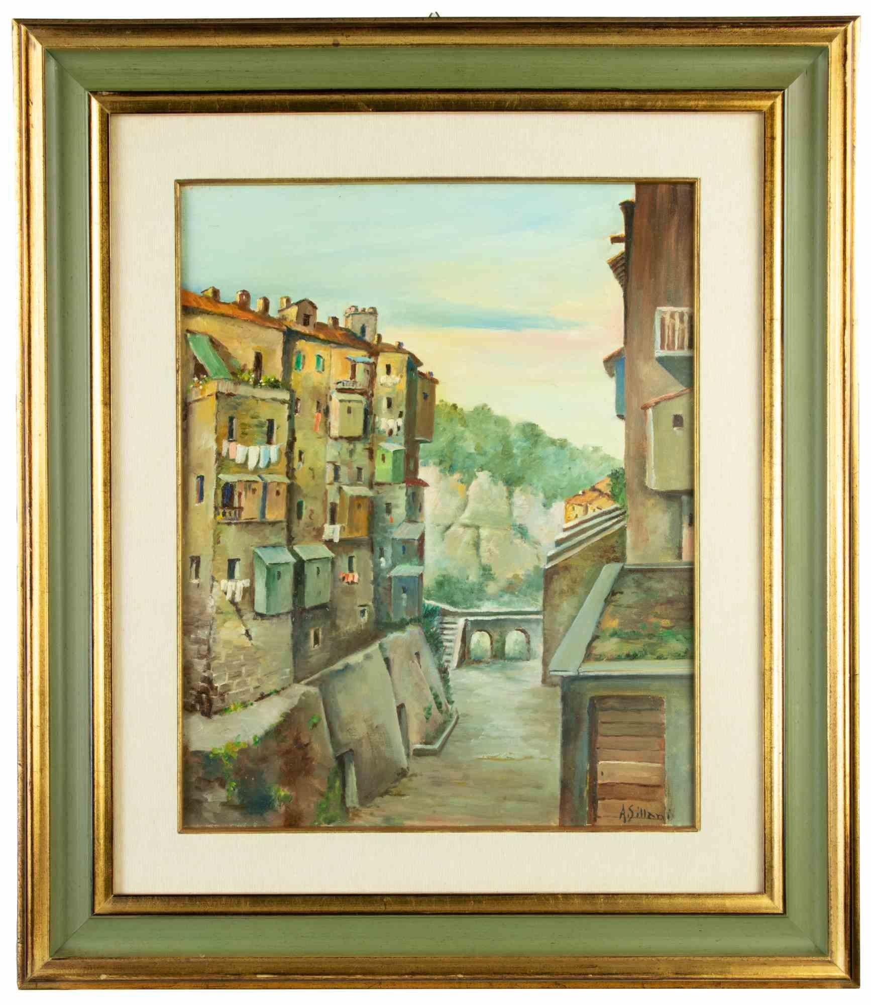 Paysage - Huile sur toile d'Alberto Sillani - Milieu du XXe siècle 
