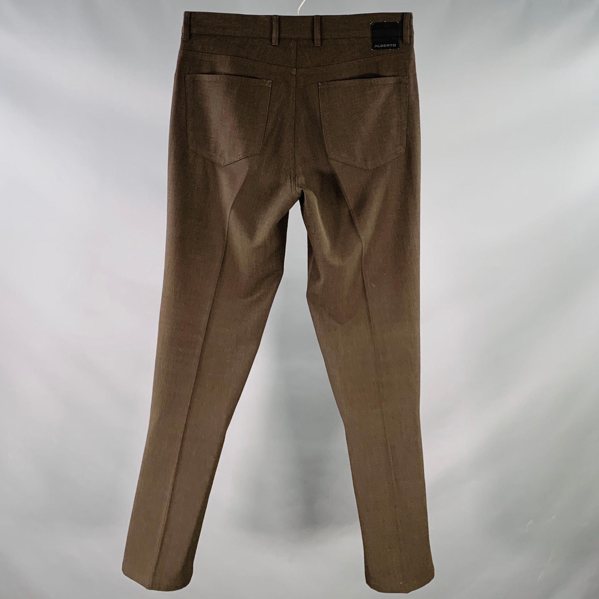 ALBERTO casual pants
in a brown polyester blend fabric featuring a flat front style, tapered leg, comfort fit, and zip fly closure.Excellent Pre-Owned Condition. 

Marked:   IT 46 

Measurements: 
  Waist: 30 inches Rise: 10 inches Inseam: 29 inches