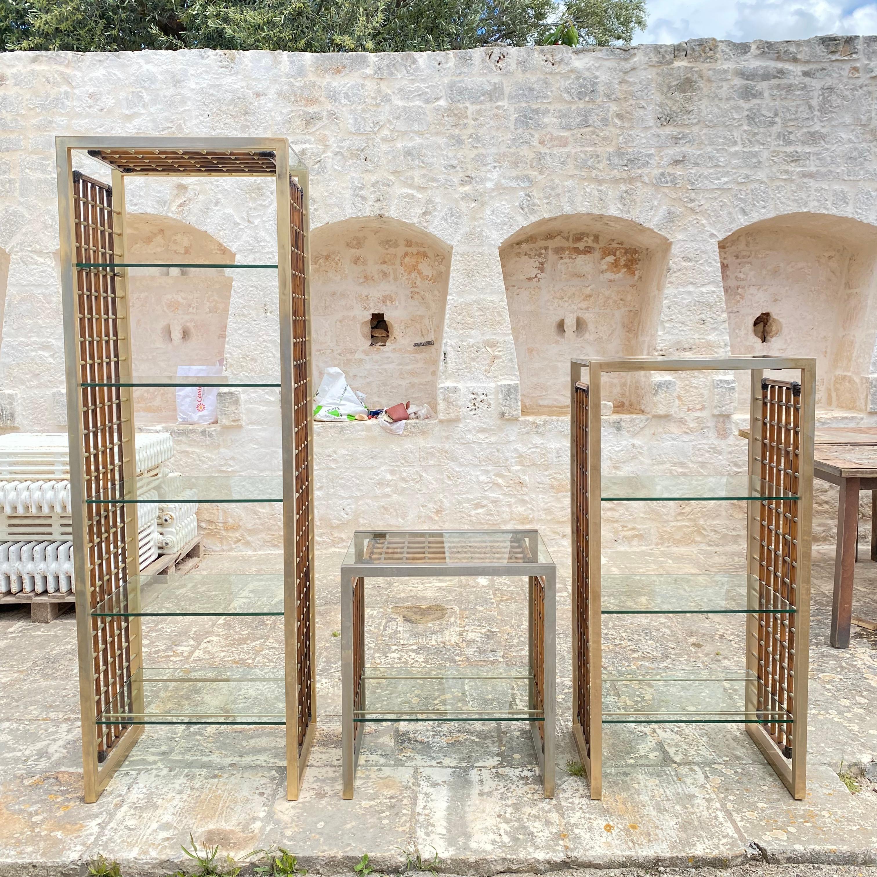 Mid-20th Century Alberto Smania Bookcase in Bamboo, Leather and Brass for Marango For Sale