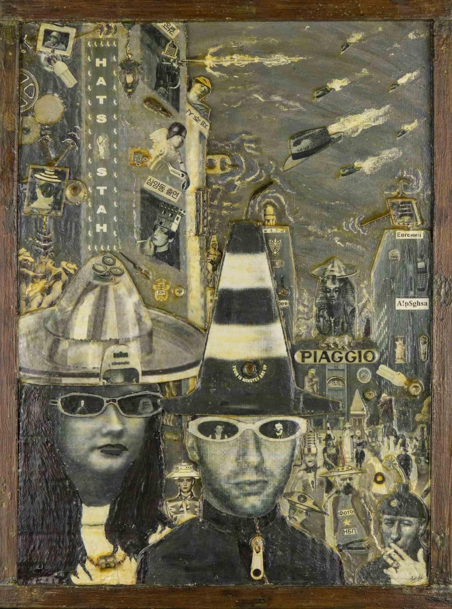 Hats-Stah is one of the best works realized by Alberto Sordi in 2011.

Under a sky furrowed by gangsta hats, numerous characters with bizarre headdresses roam. The couple in the foreground wears glasses that allow visions of important people from