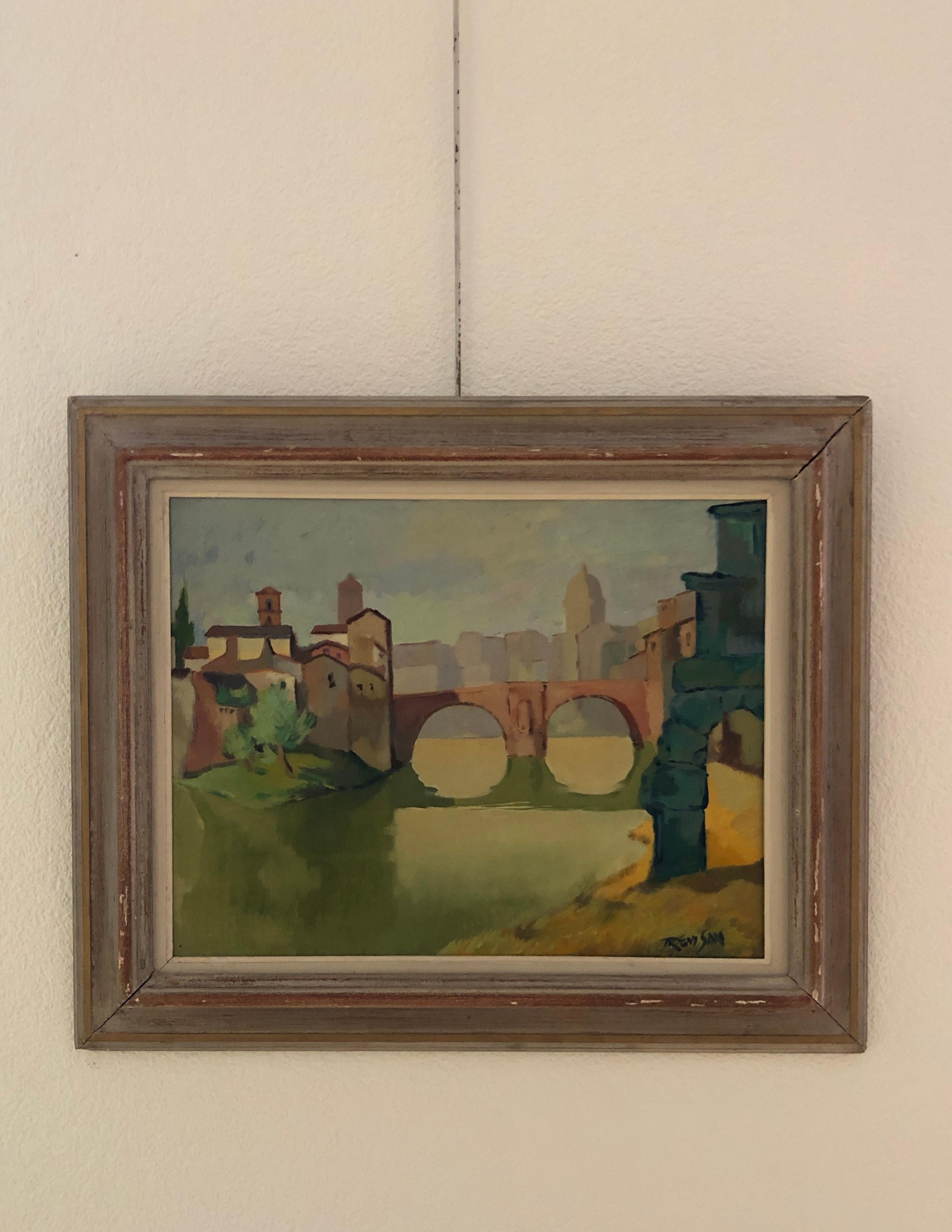 Italian landscape with bridge - Painting by Alberto Trevisan