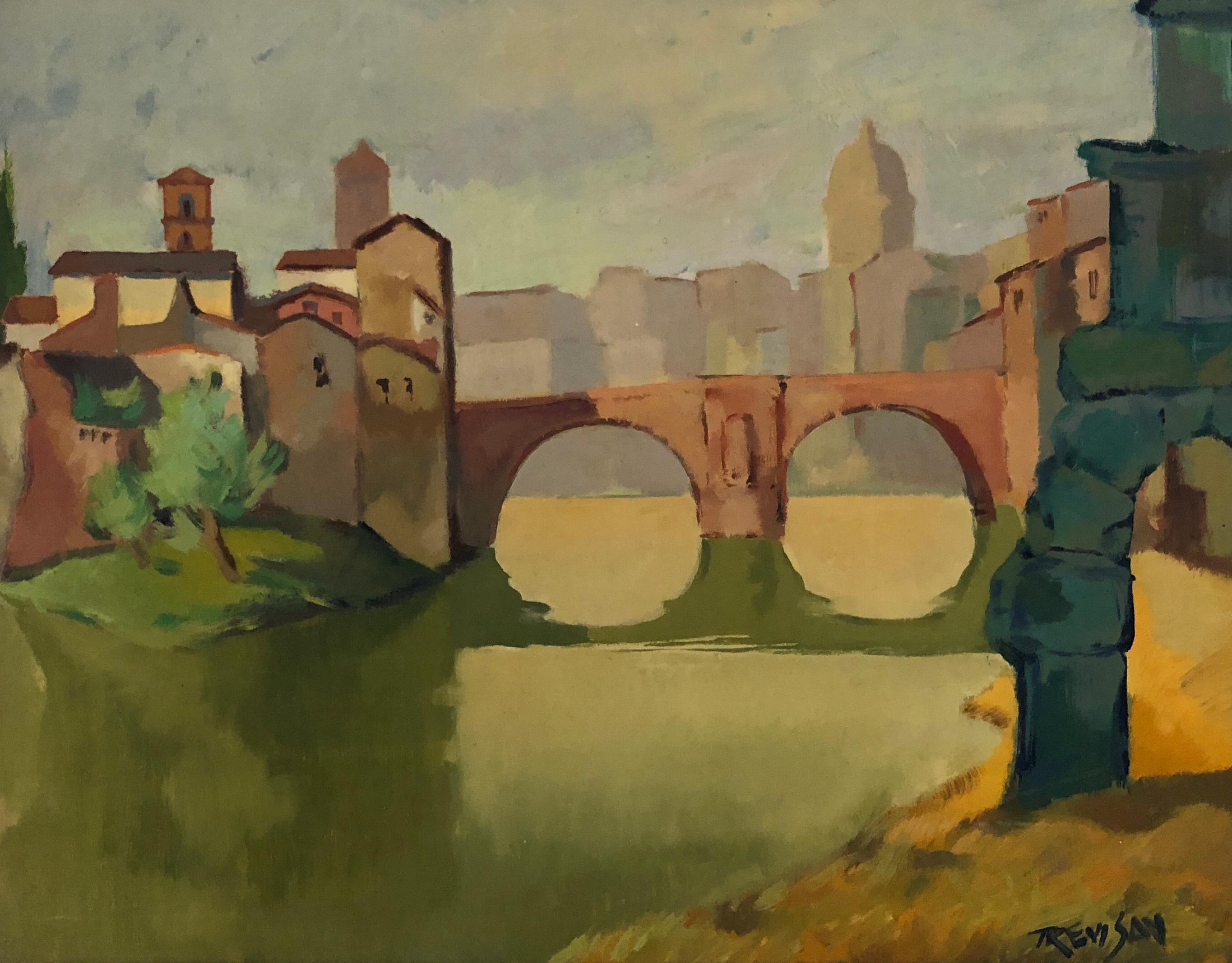 Alberto Trevisan Landscape Painting - Italian landscape with bridge