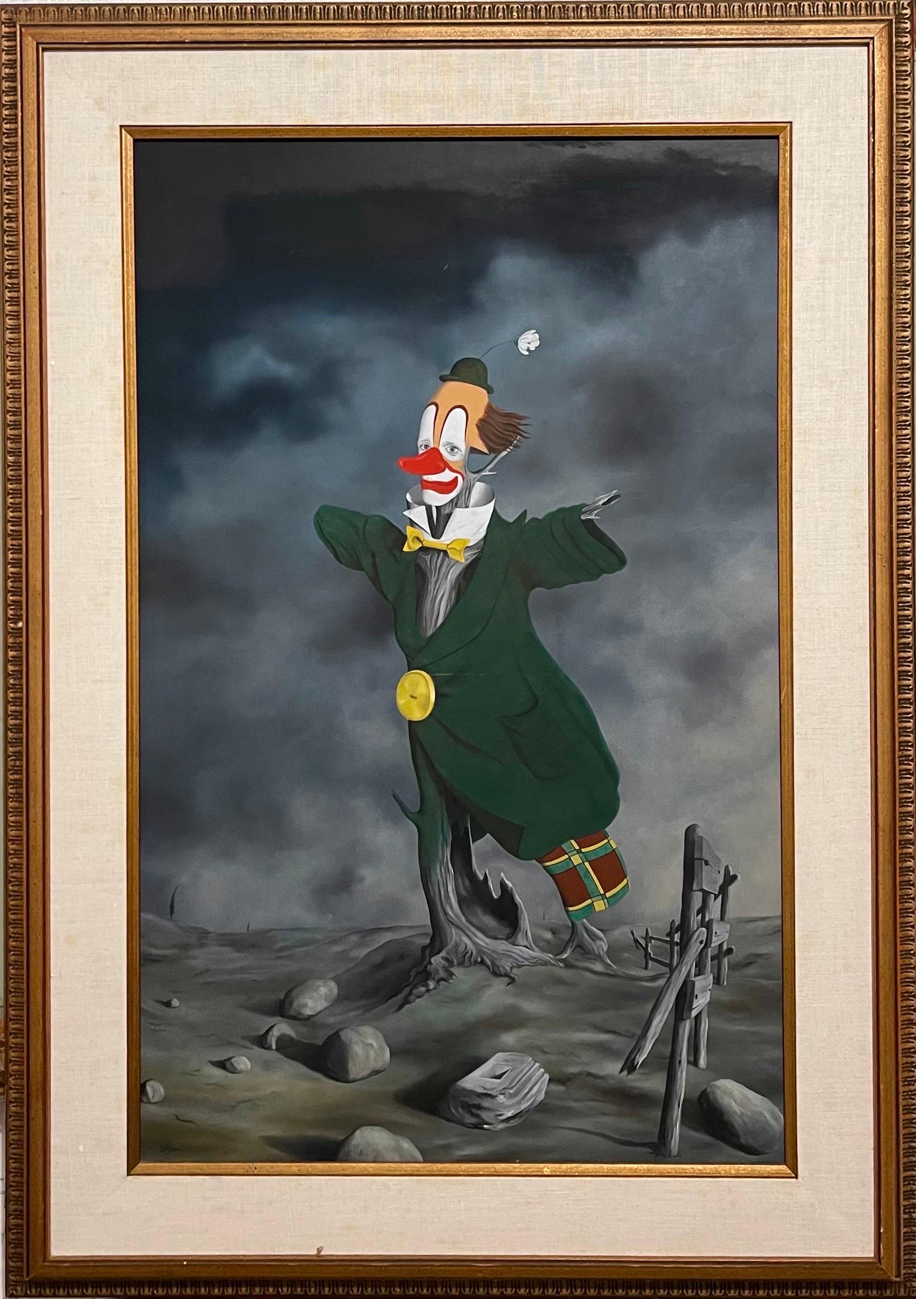 Gran Cuadro del Surrealismo Italiano Colorido Espantapájaros Payaso, Paisaje Surrealista - Painting de Alberto Trevisan