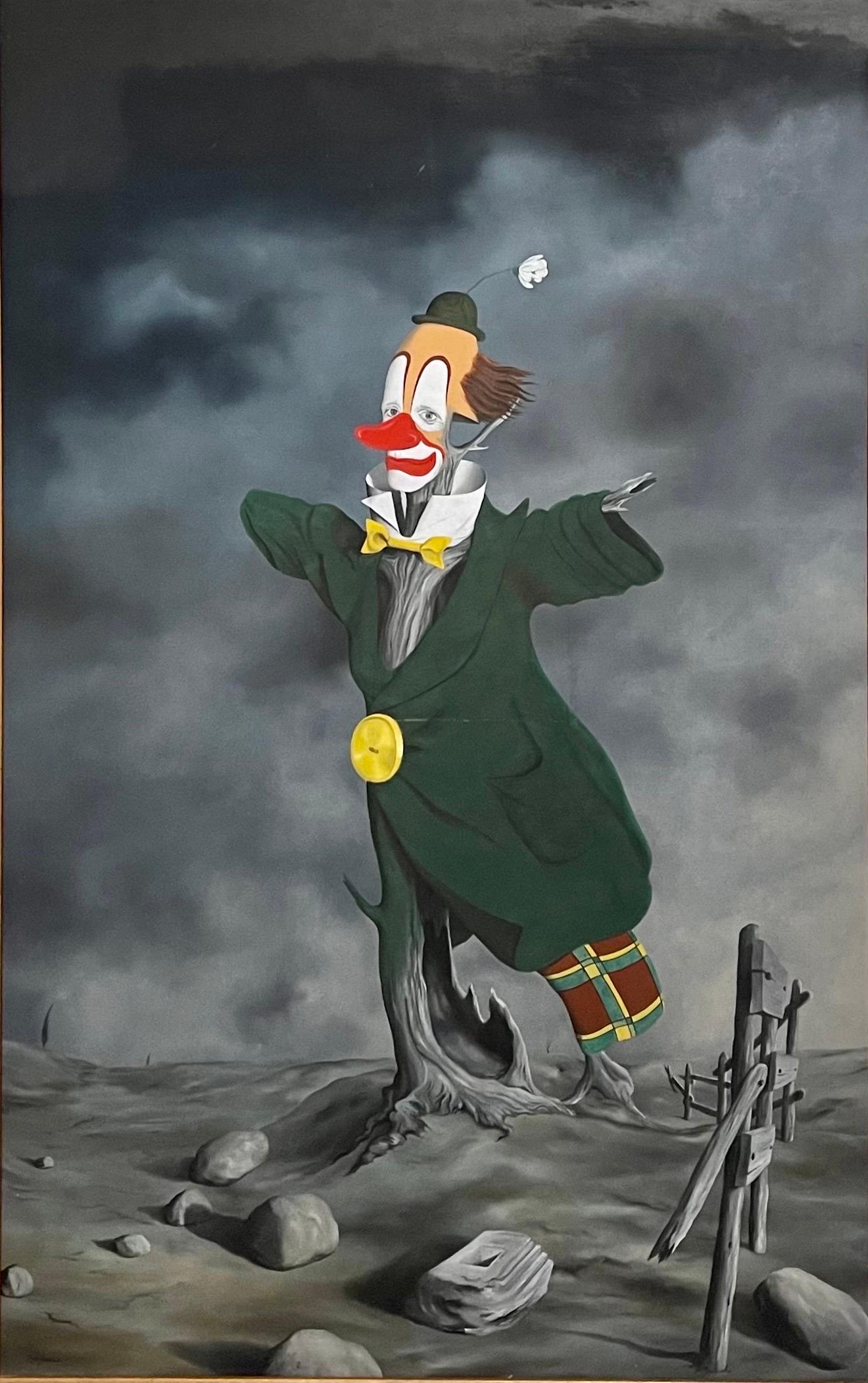 Große italienische Surrealismus Gemälde bunte Vogelscheuche Clown, Surrealist Landschaft (Grau), Figurative Painting, von Alberto Trevisan