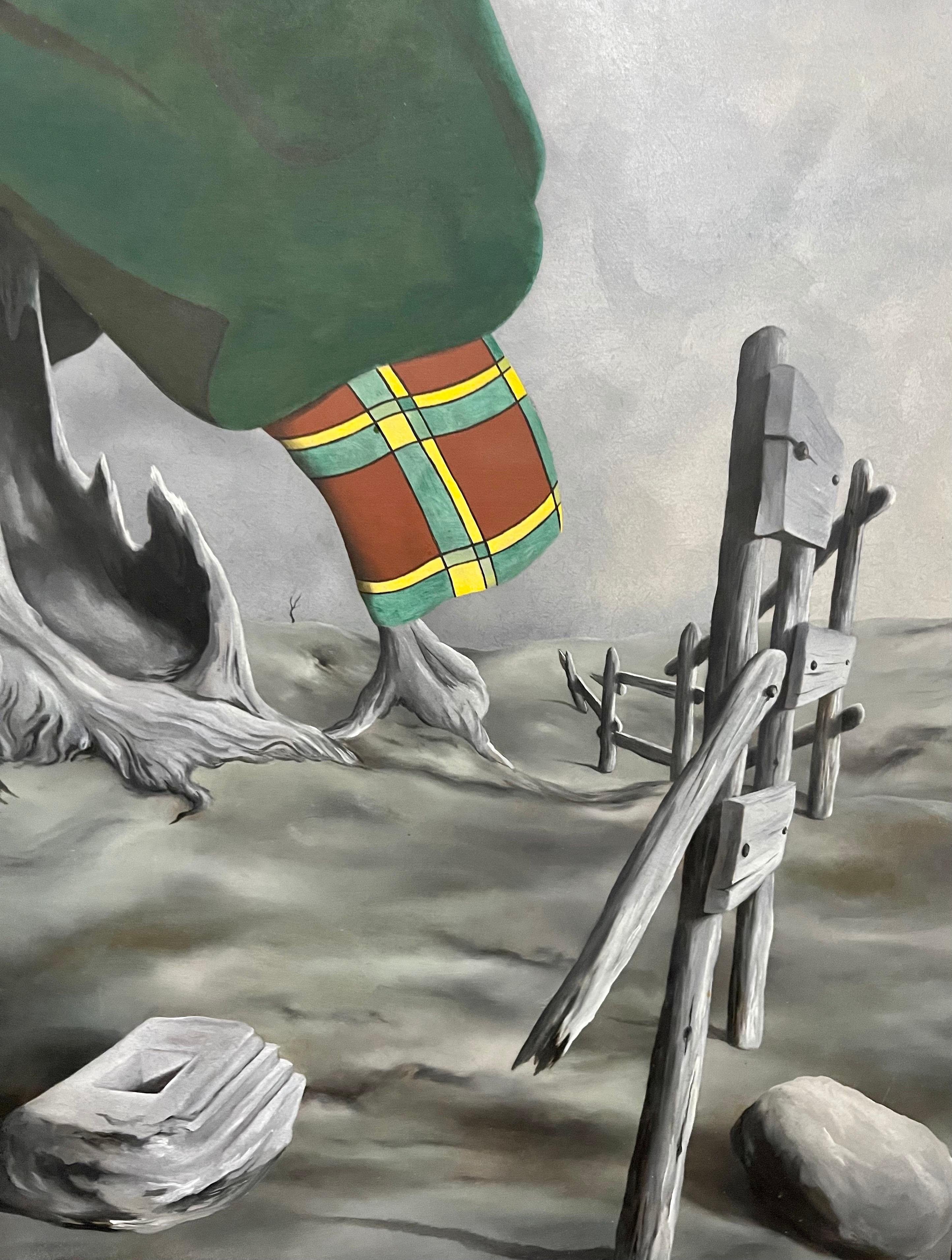 Große italienische Surrealismus Gemälde bunte Vogelscheuche Clown, Surrealist Landschaft im Angebot 2