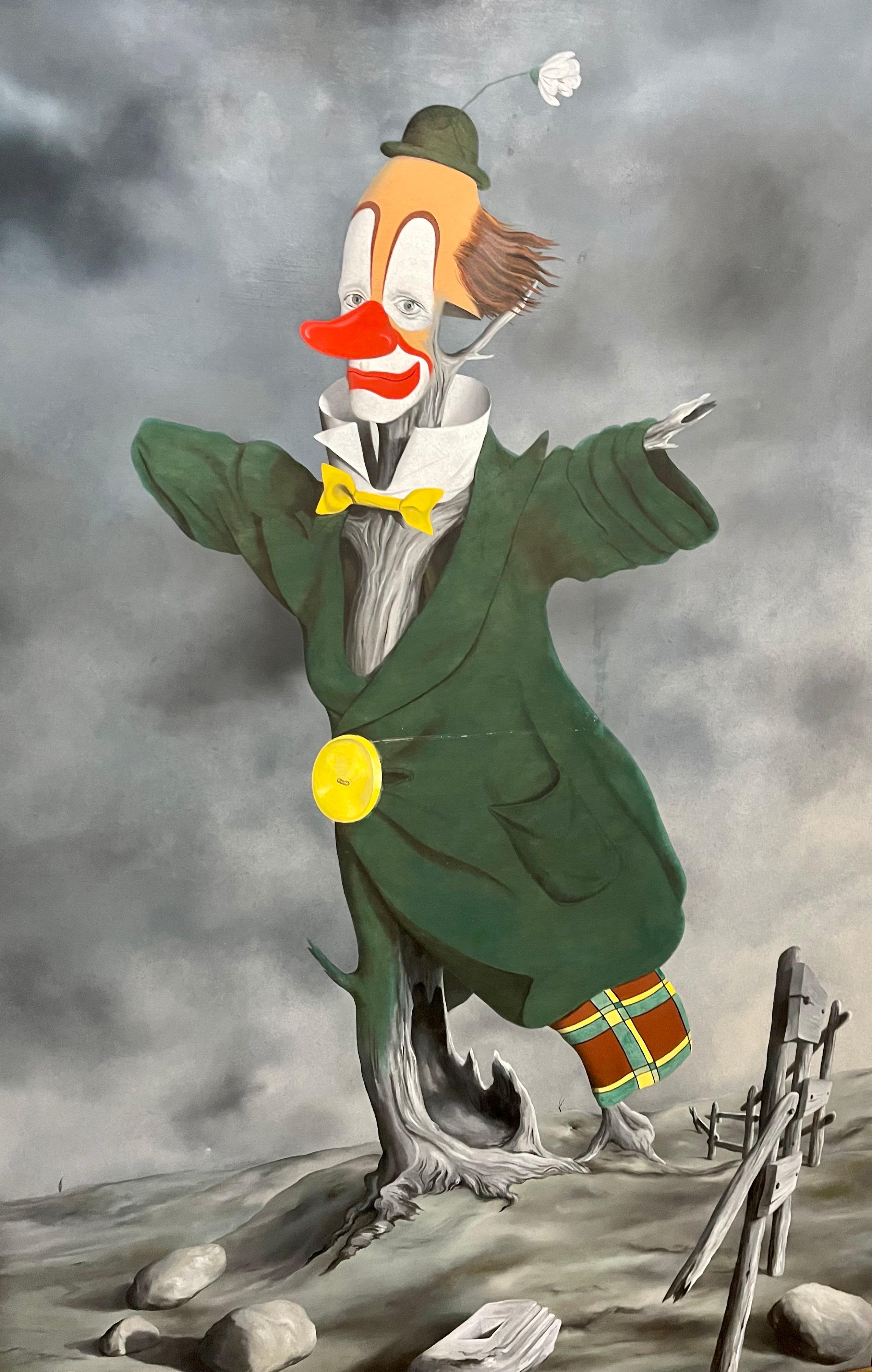 Large Italian Surrealism Painting Colorful Scarecrow Clown, Surrealist Landscape For Sale 2