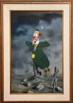 Grand tableau surréaliste italien épouvantail coloré clown, paysage surréaliste