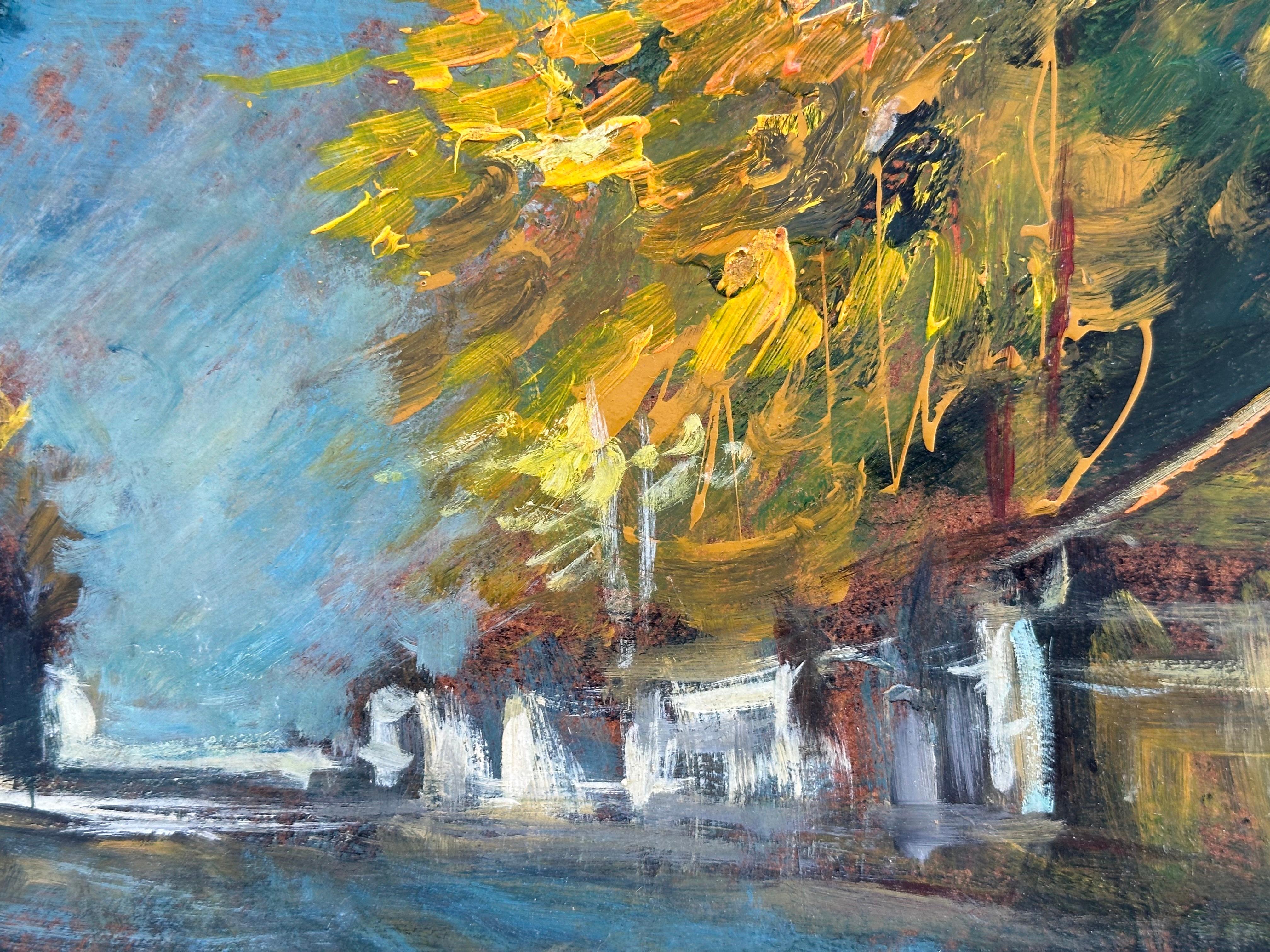 Street After Rain (Santiago de Chile) Artiste dominicain - Marron Landscape Painting par Alberto Ulloa