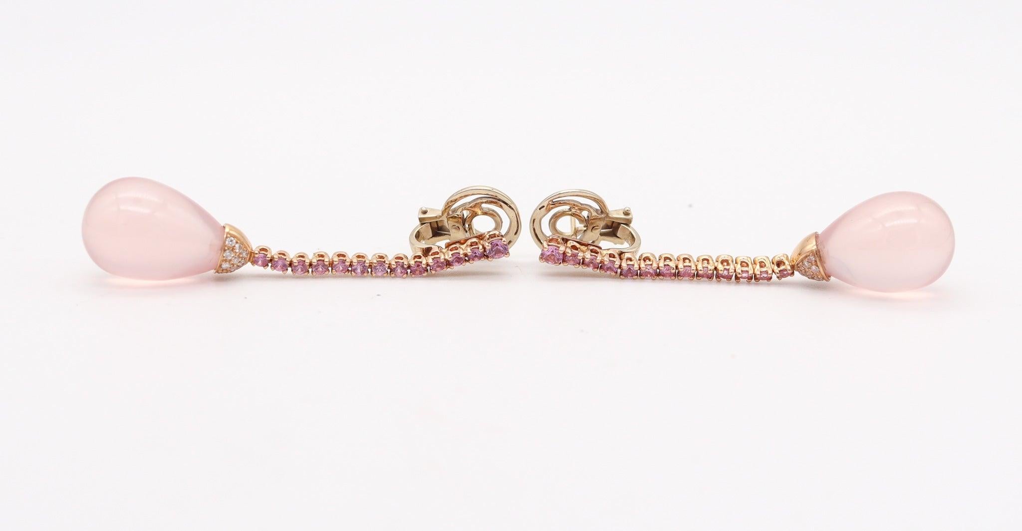 Modernist ALBERTO VACCARI Dangle Earrings In 18Kt Gold With Ping Sapphires & Pink Quartz For Sale