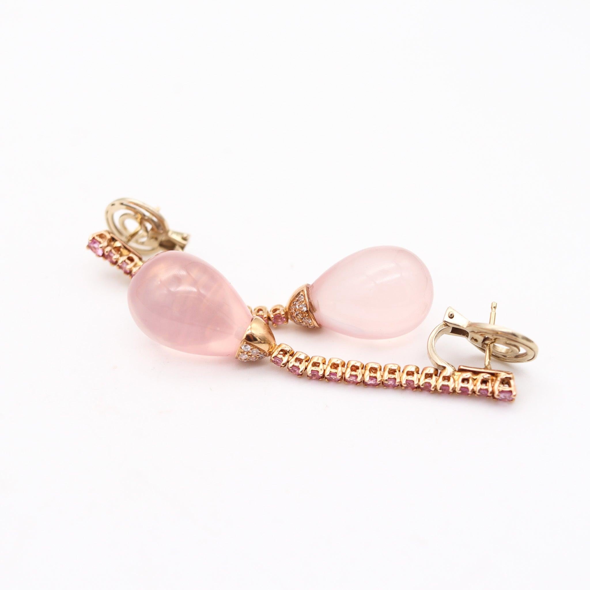 Briolette Cut ALBERTO VACCARI Dangle Earrings In 18Kt Gold With Ping Sapphires & Pink Quartz For Sale