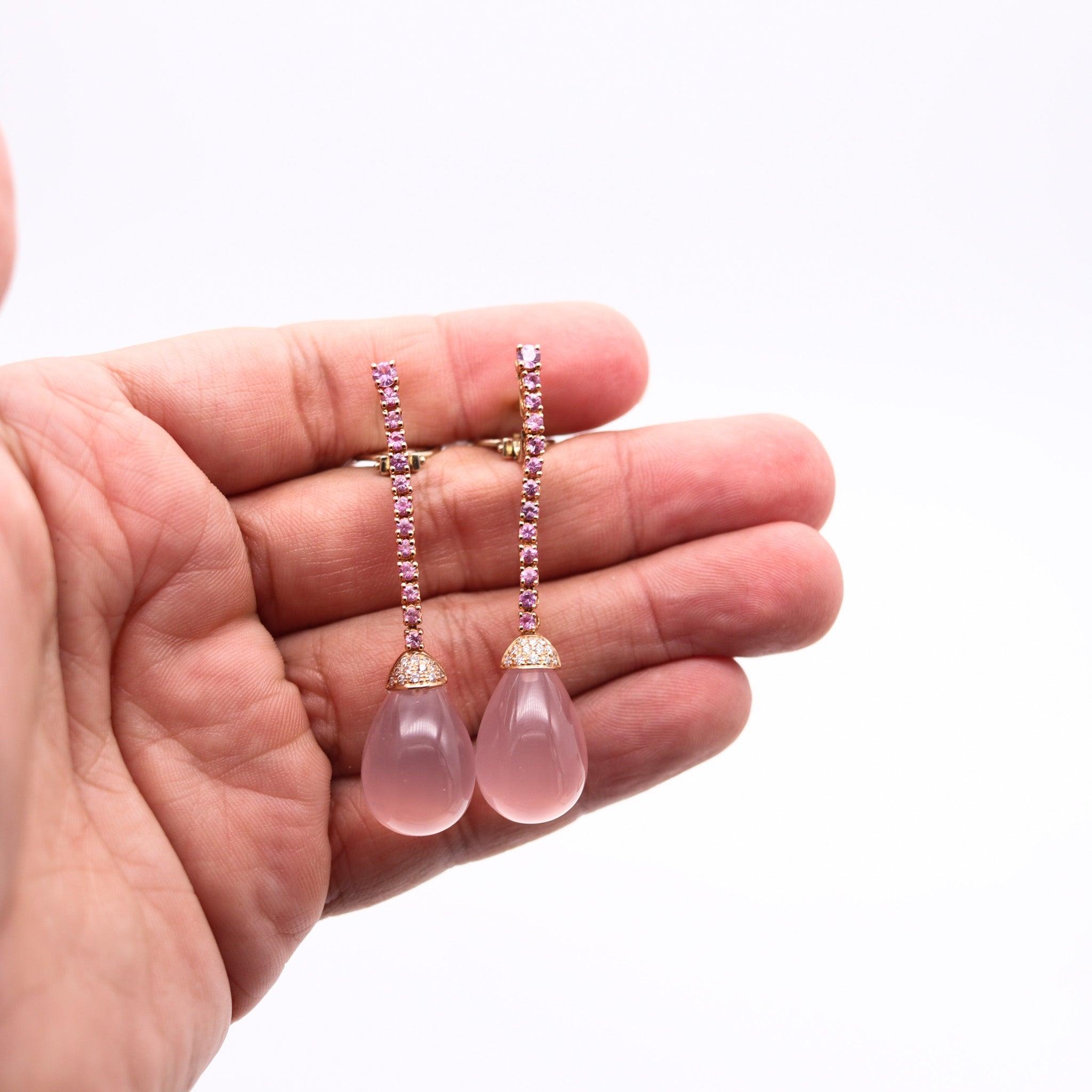 ALBERTO VACCARI Dangle Earrings In 18Kt Gold With Ping Sapphires & Pink Quartz In Excellent Condition For Sale In Miami, FL