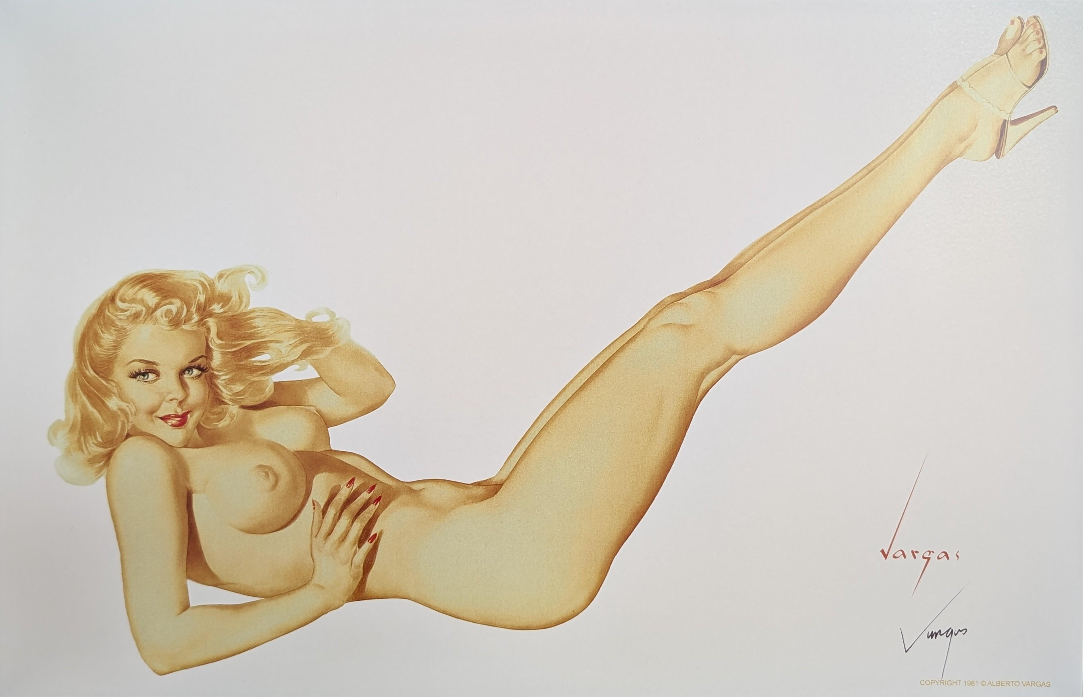 Artista: Alberto Vargas
Titolo: Titolo sconosciuto. 
Descrizione: Donna nuda reclinata
Firmato a mano dall'artista: Yes, in basso a destra.
Mezzo di comunicazione: Litografia su carta. 
Dimensioni dell'arte: 11