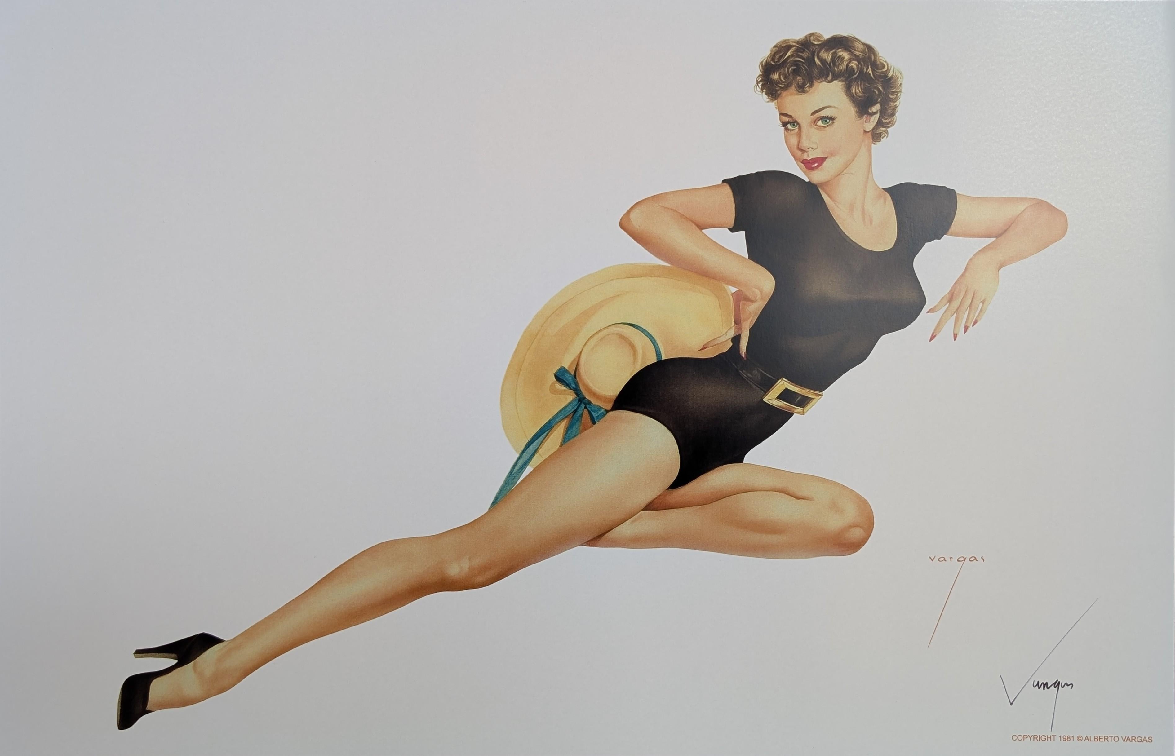 Artista: Alberto Vargas
Titolo: Titolo sconosciuto.
Descrizione: Donna bruna dai capelli corti e tesa in un costume intero nero. 
Firmato a mano dall'artista: Yes, in basso a destra.
Mezzo di comunicazione: Litografia su carta. 
Dimensioni