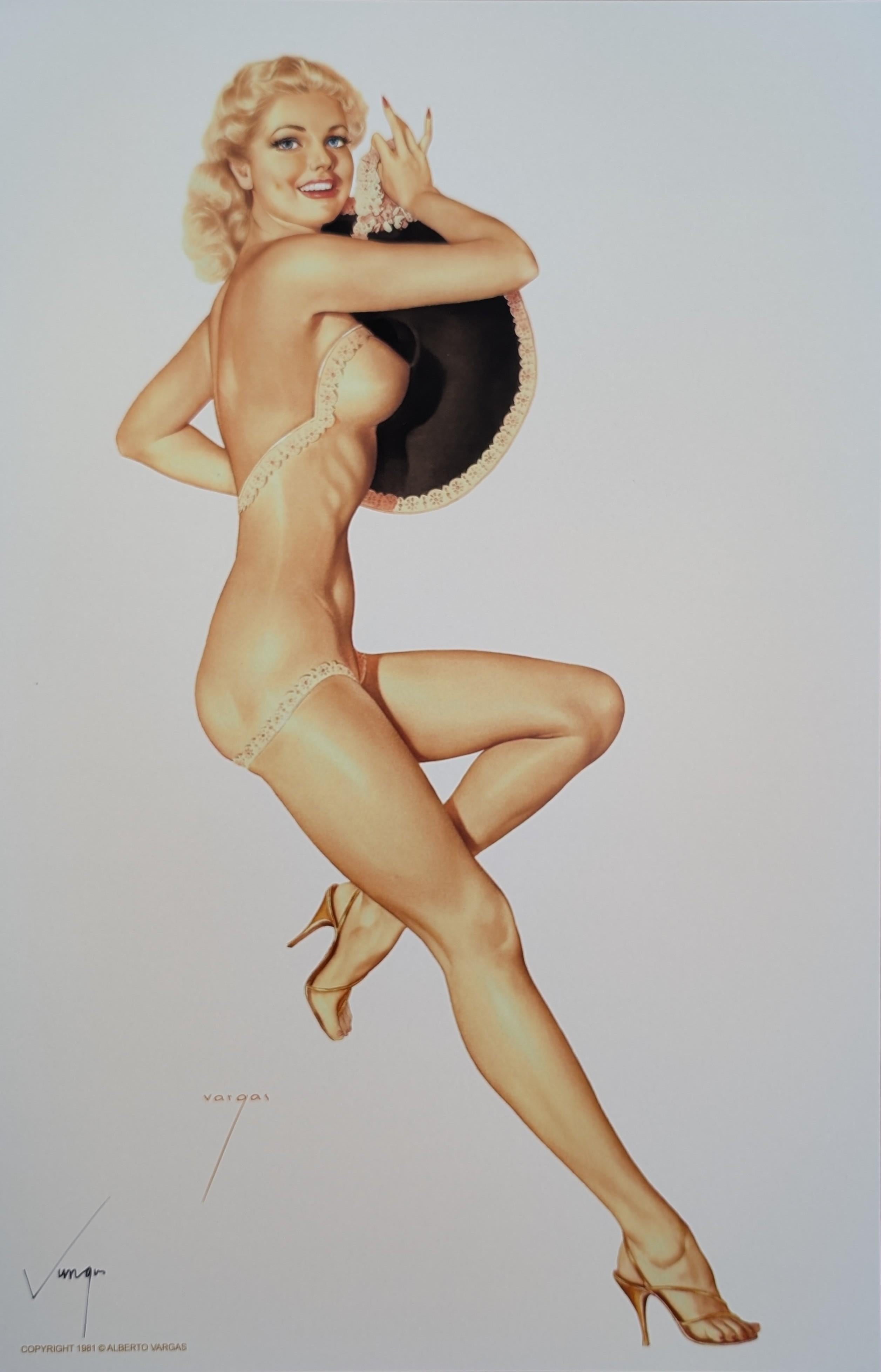 Künstler: Alberto Vargas
Titel: Blonde Señorita
Beschreibung: Spärlich bekleidete Frau mit schwarzem Hut
Vom Künstler handsigniert: Ja, linke untere Ecke.
Medium: Lithographie auf Papier. 
Abmessungen: 17